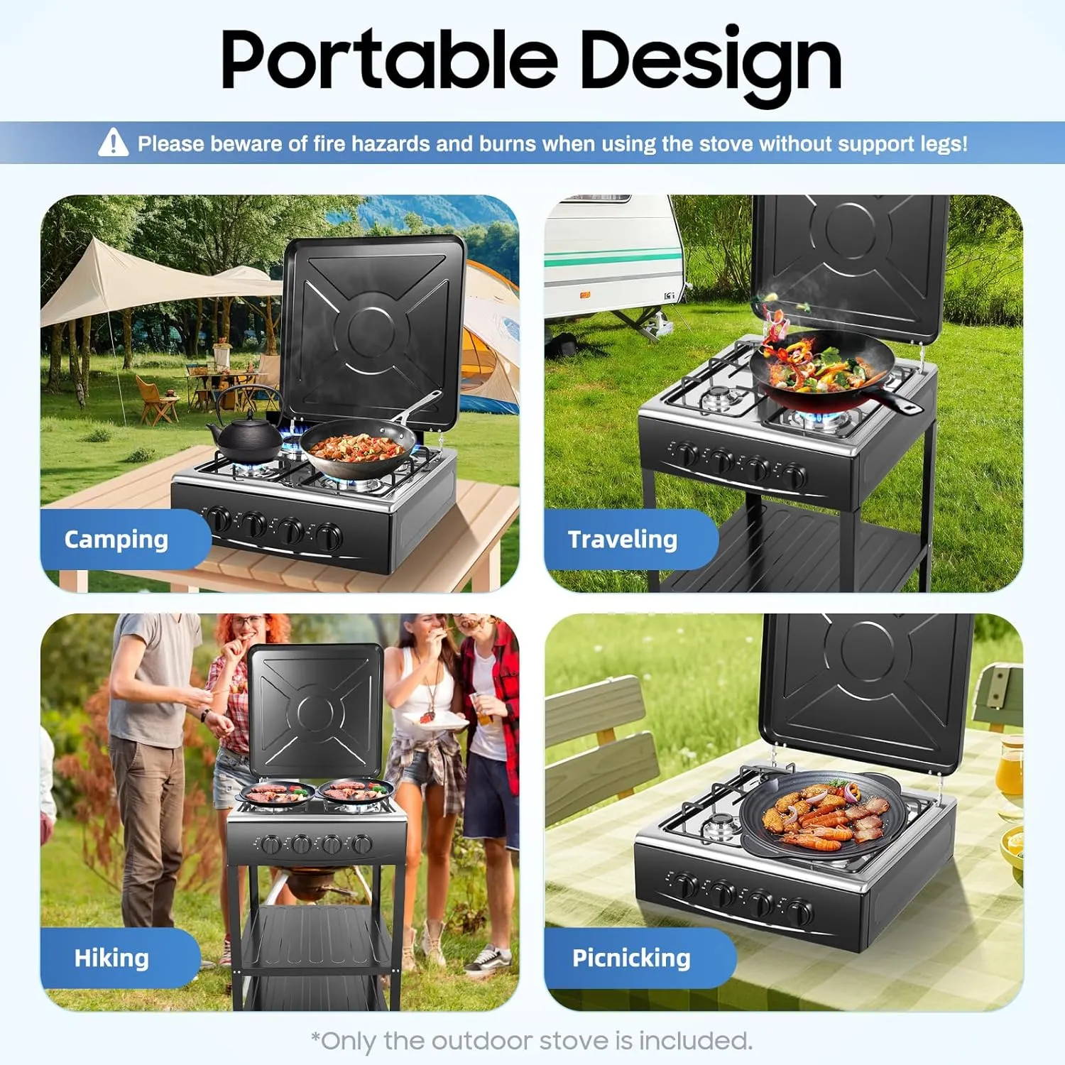 LPG Gas Stove 4 Burner Portable Gas Stove 34120 BTU Camping Stove with Support Leg Stand and Wind Blocking Cover for RV, Apartment, Outdoor Cooking Black Double Layers Storage