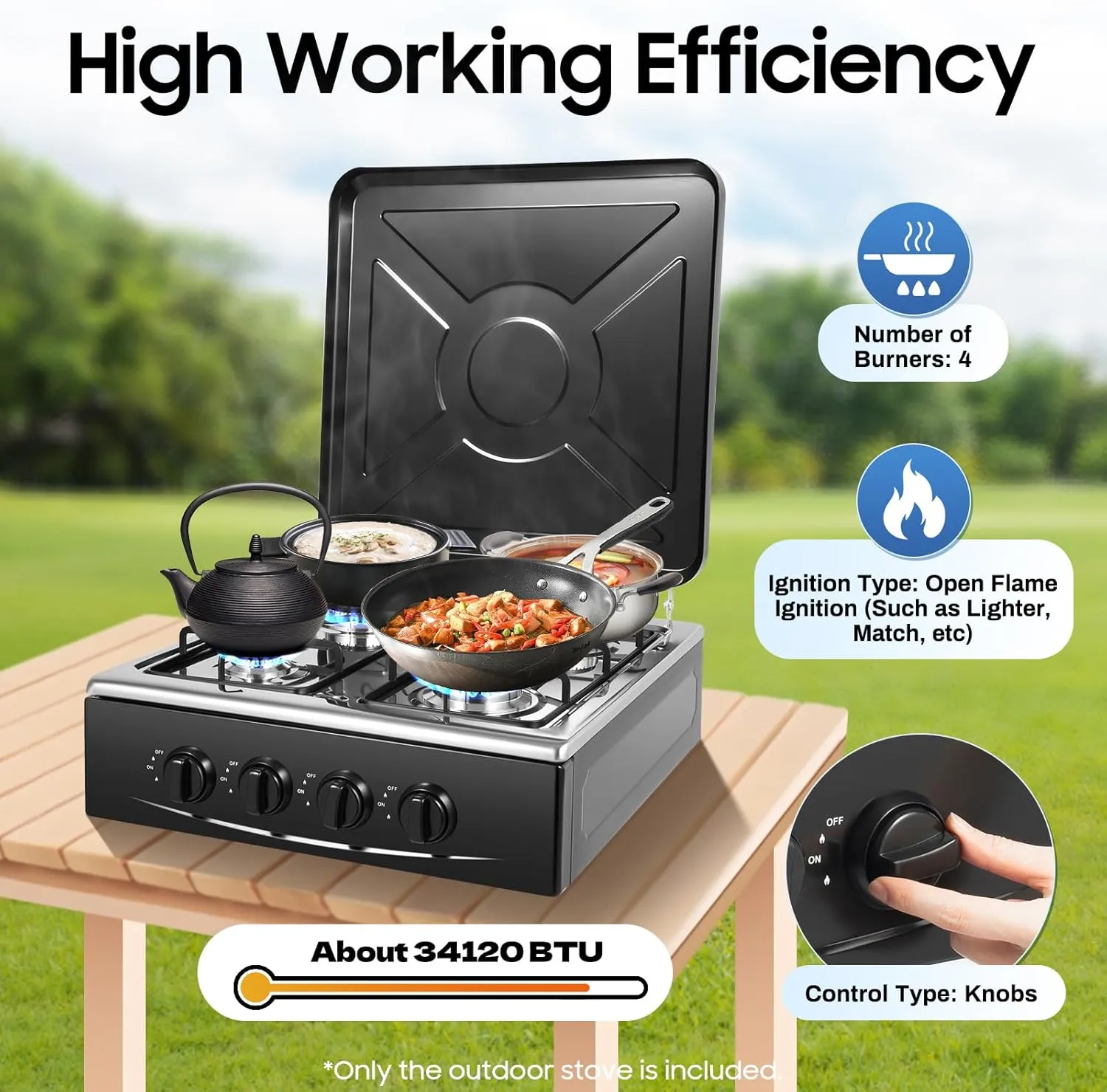LPG Gas Stove 4 Burner Portable Gas Stove 34120 BTU Camping Stove with Support Leg Stand and Wind Blocking Cover for RV, Apartment, Outdoor Cooking Black Double Layers Storage