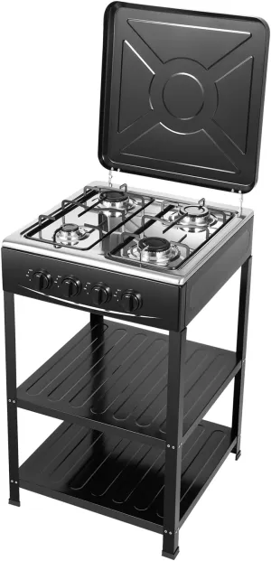 LPG Gas Stove 4 Burner Portable Gas Stove 34120 BTU Camping Stove with Support Leg Stand and Wind Blocking Cover for RV, Apartment, Outdoor Cooking Black Double Layers Storage