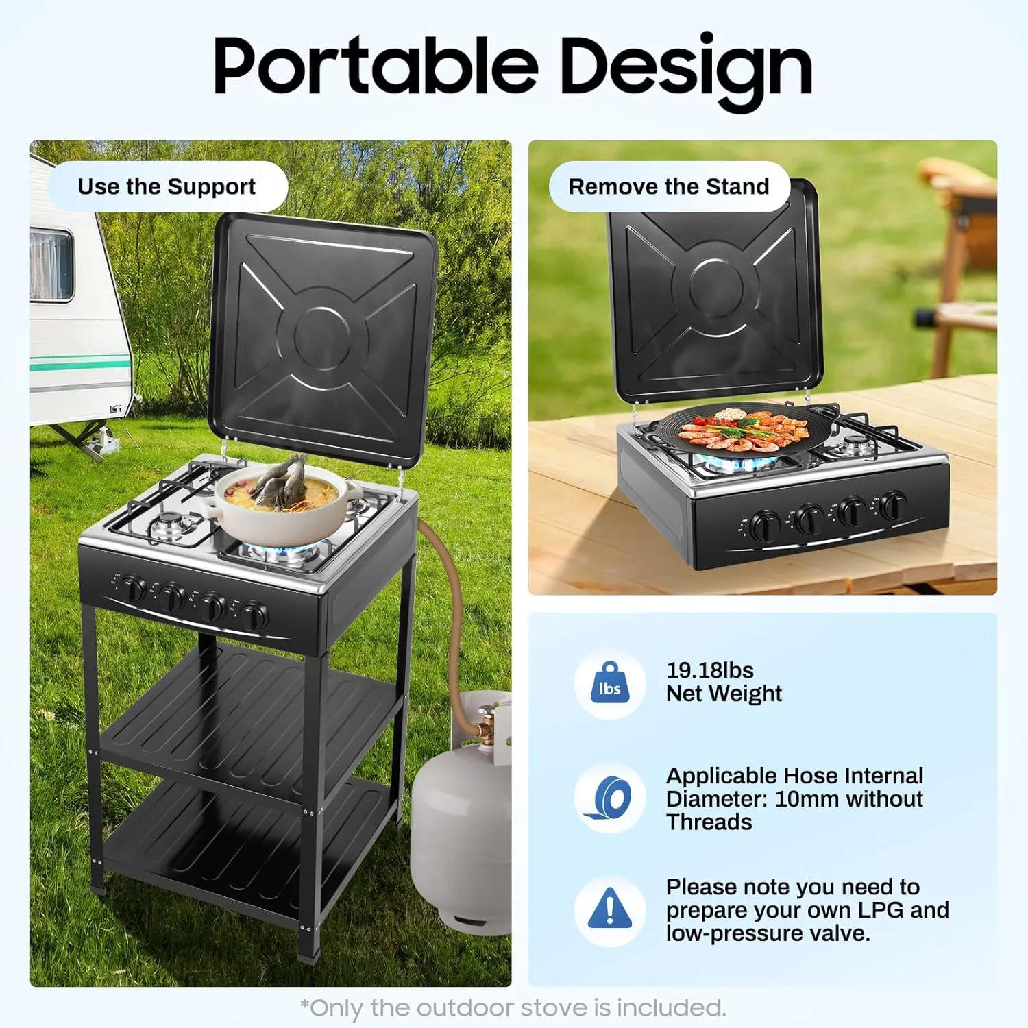 LPG Gas Stove 4 Burner Portable Gas Stove 34120 BTU Camping Stove with Support Leg Stand and Wind Blocking Cover for RV, Apartment, Outdoor Cooking Black Double Layers Storage