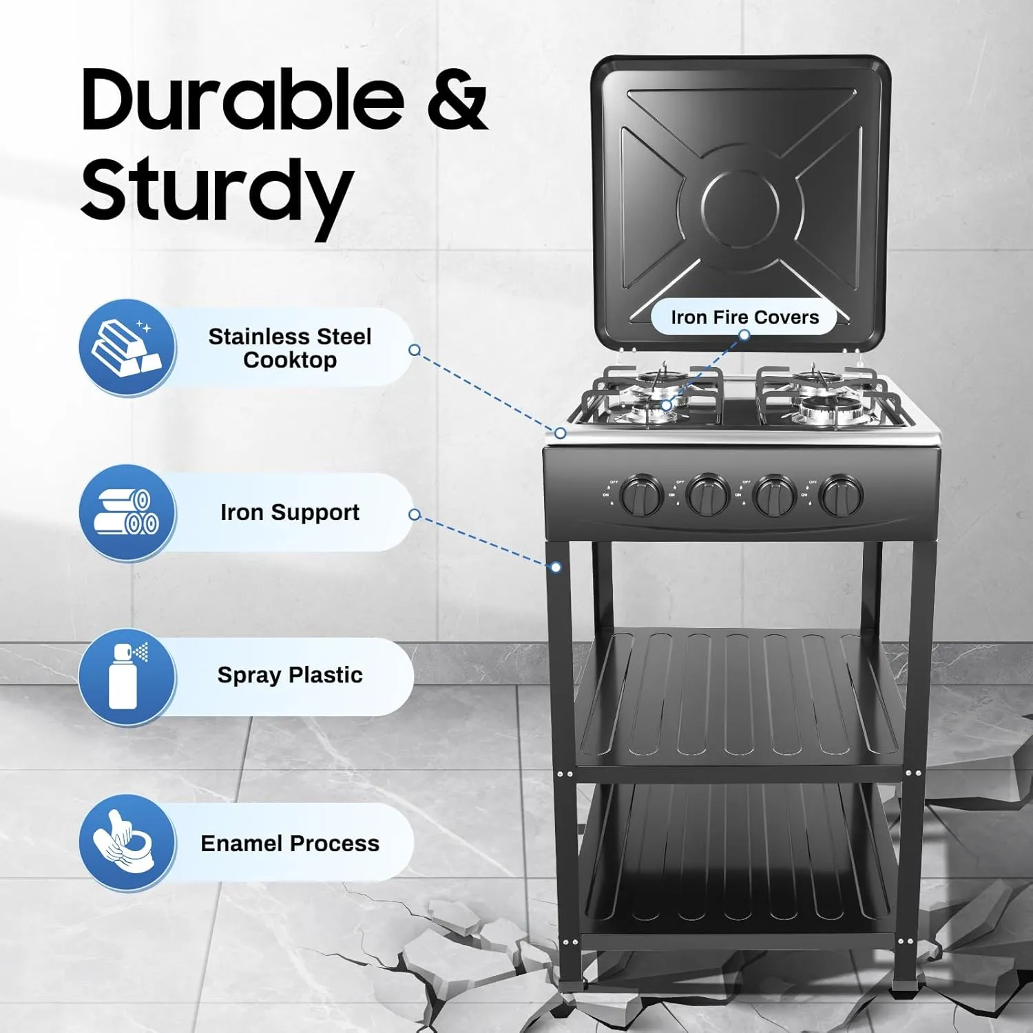 LPG Gas Stove 4 Burner Portable Gas Stove 34120 BTU Camping Stove with Support Leg Stand and Wind Blocking Cover for RV, Apartment, Outdoor Cooking Black Double Layers Storage