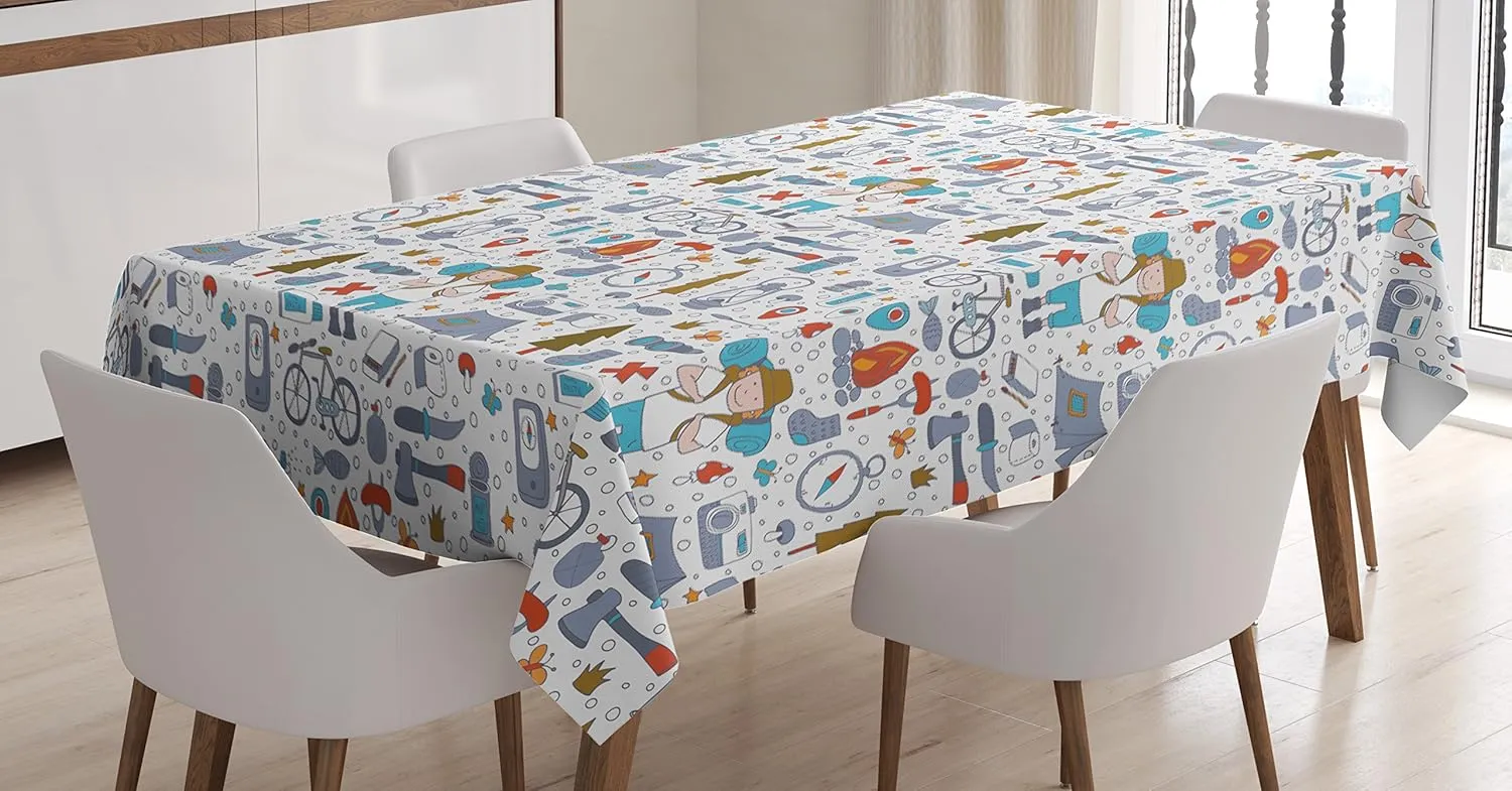 Lunarable Camping Tablecloth, Spending Time in The Nature Pattern Wildlands Activities Trekker with Sleeping Bag, Dining Room Kitchen Rectangular Table Cover, 60" X 84", Multicolor