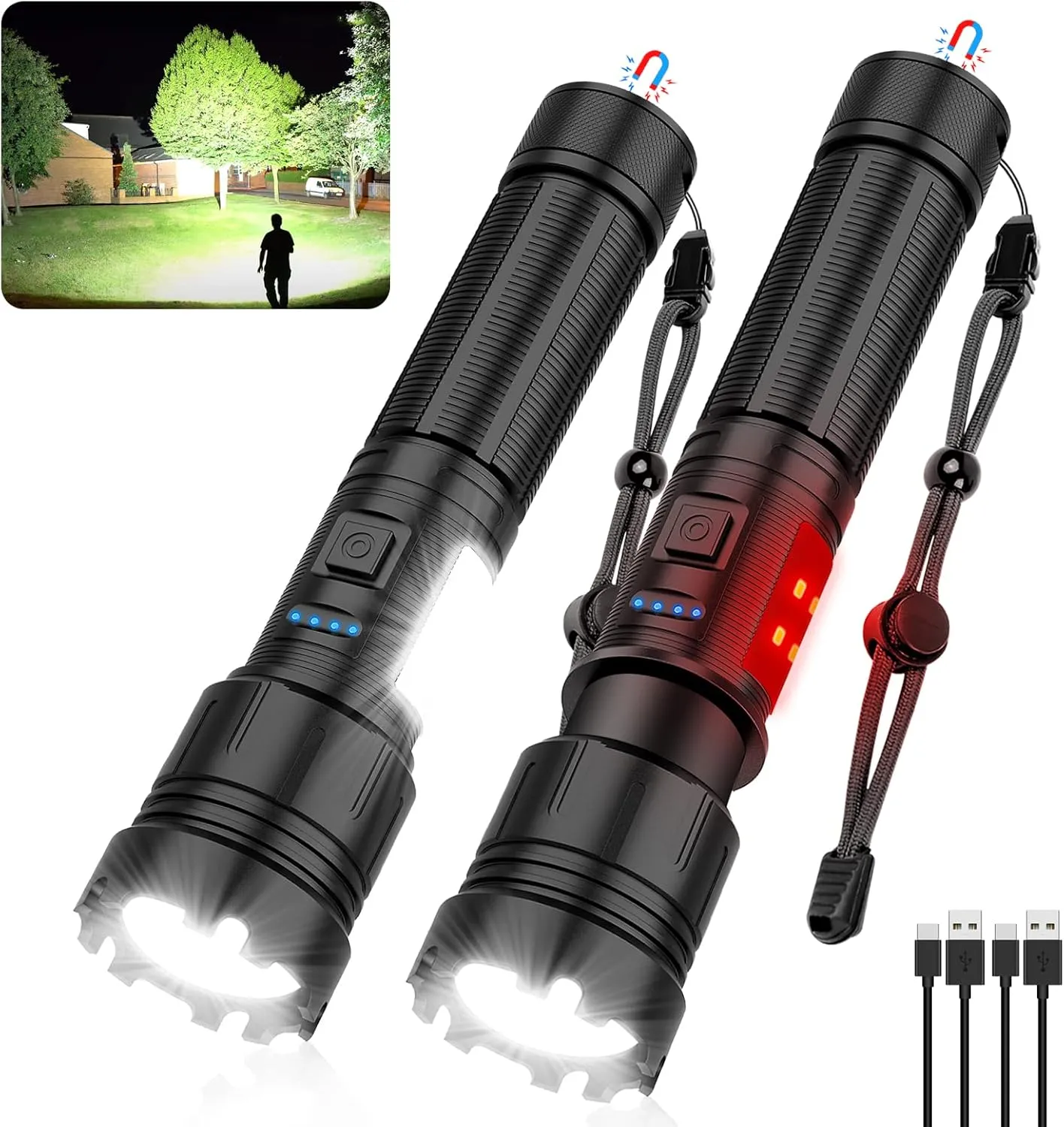 Magnetic Flashlight Rechargeable High Lumens, Super Bright LED Pocket Flash Light with COB Sidelight, Type-C, 7 Modes, Zoomable, IPX6 Waterproof Tactical Flashlights for Camping