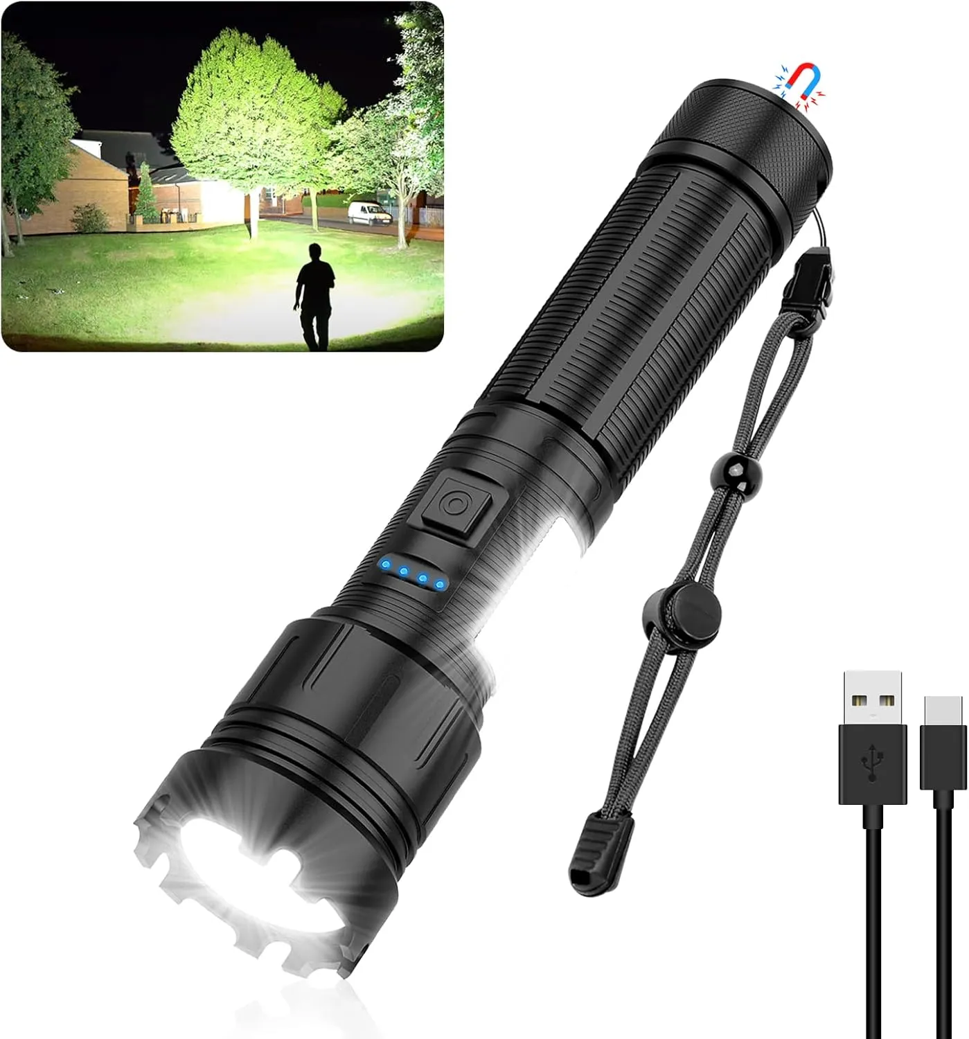 Magnetic Rechargeable Flashlight High Lumens, Super Bright LED Flash Light with COB Work Light, USB C, 7 Modes, Zoomable, IPX6 Waterproof Tactical Pocket Flashlights for Emergency Camping