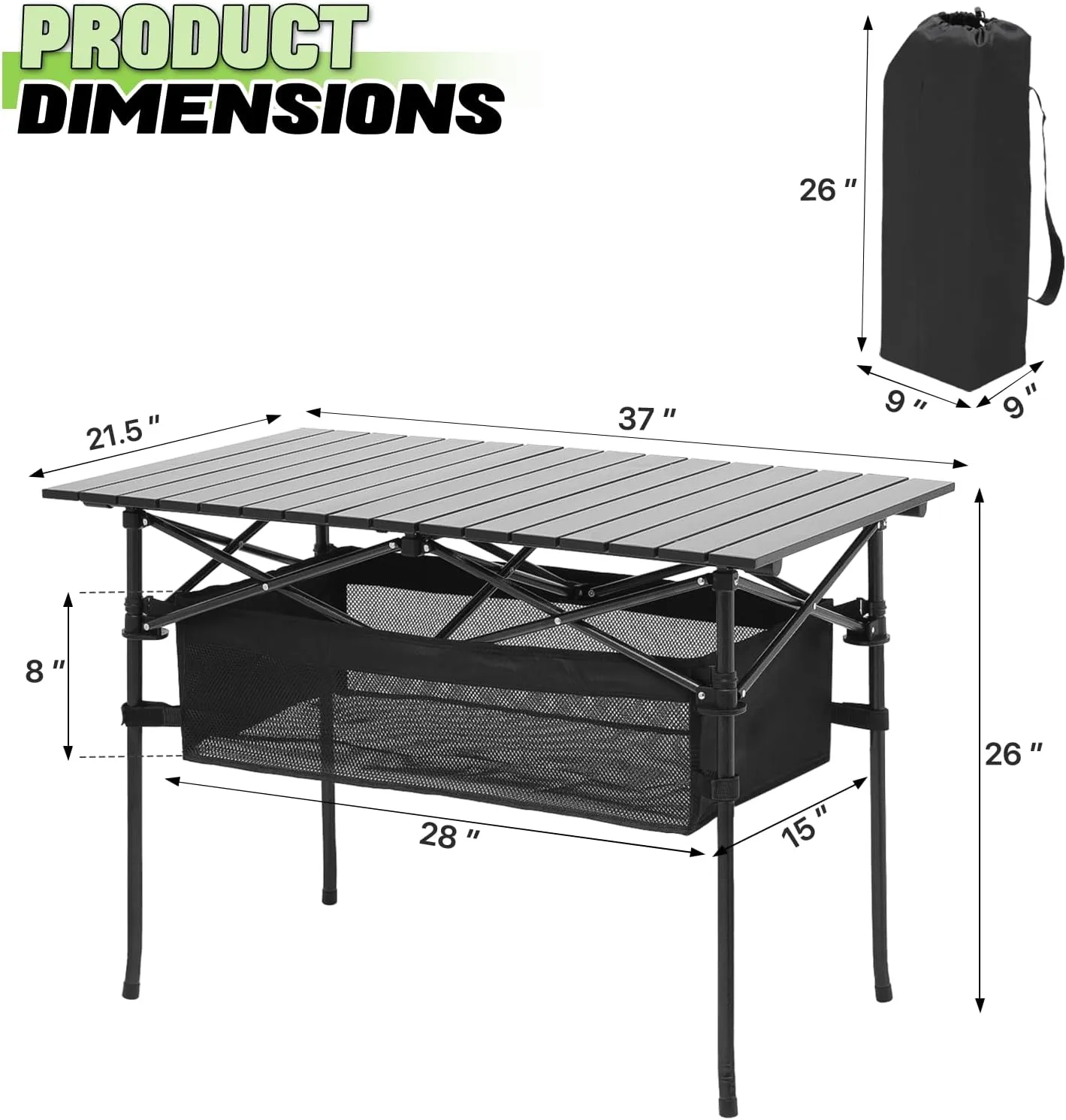 Magshion 37" Folding Camping Table with Large Storage Basket & with Carry Bag, Aluminum Picnic Table for Indoor Outdoor Camping Backyard BBQ Use, Black