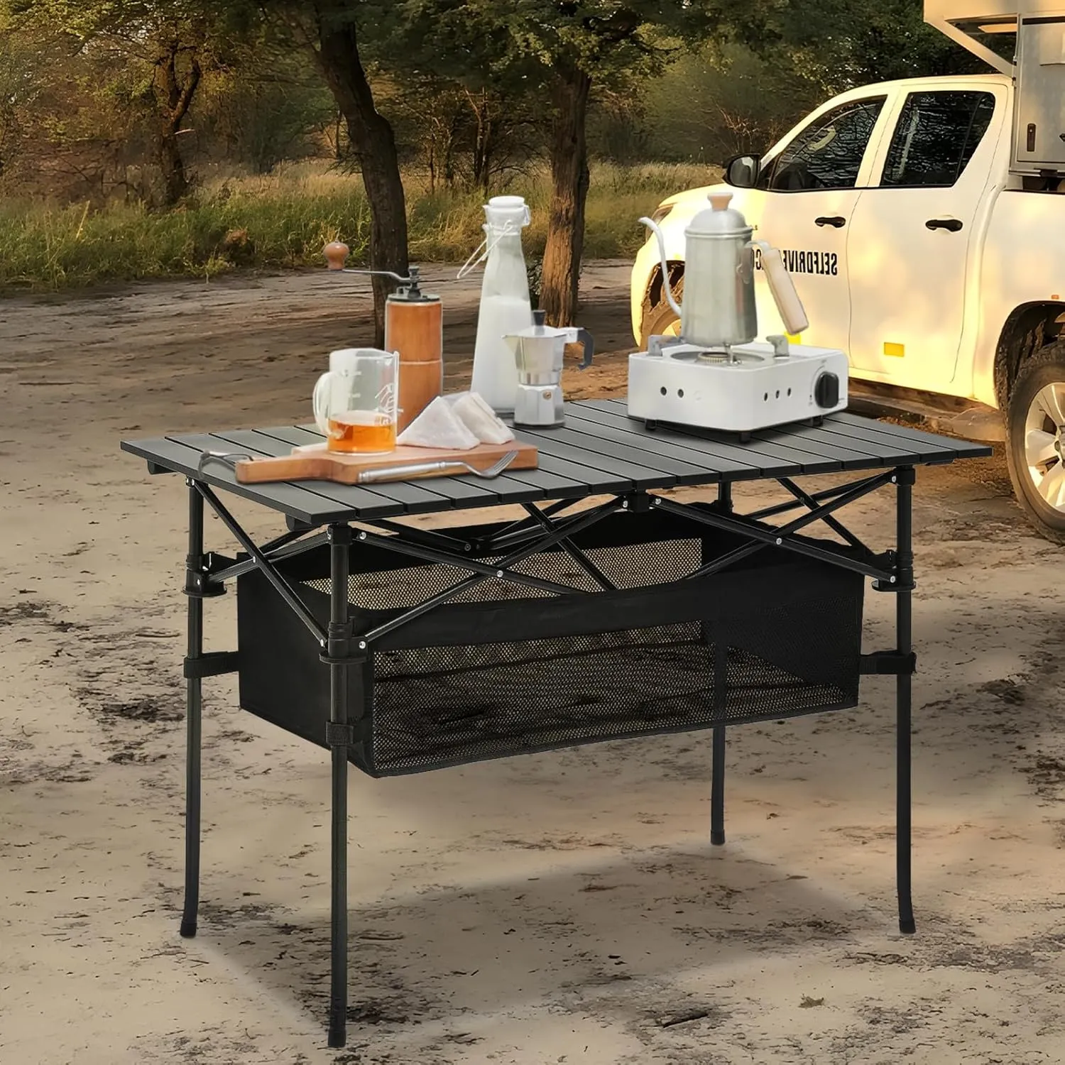Magshion 37" Folding Camping Table with Large Storage Basket & with Carry Bag, Aluminum Picnic Table for Indoor Outdoor Camping Backyard BBQ Use, Black
