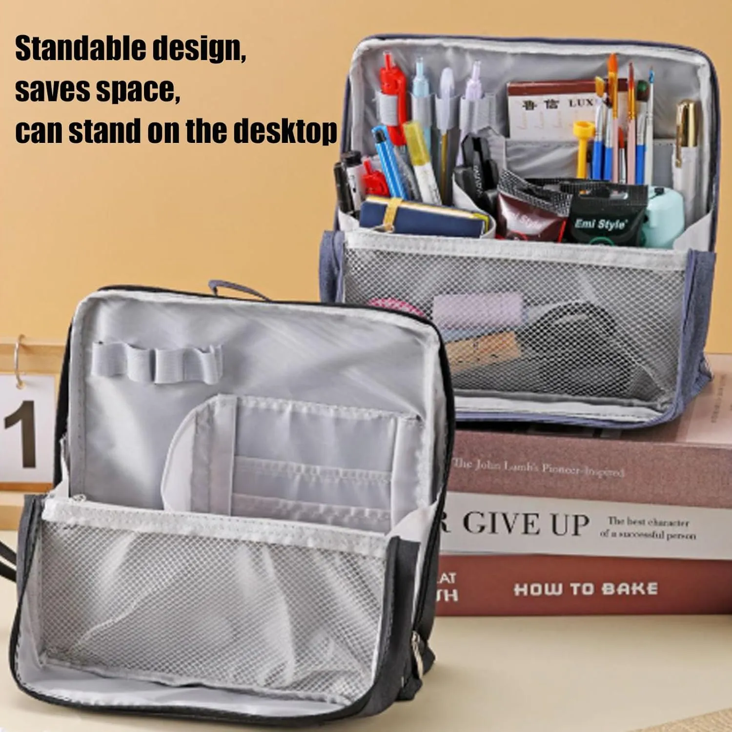 Makeup Bag, Standing Makeup Bag – Portable, Large Capacity Waterproof Makeup Organizer with Compartments Travel Home Use (Navy)