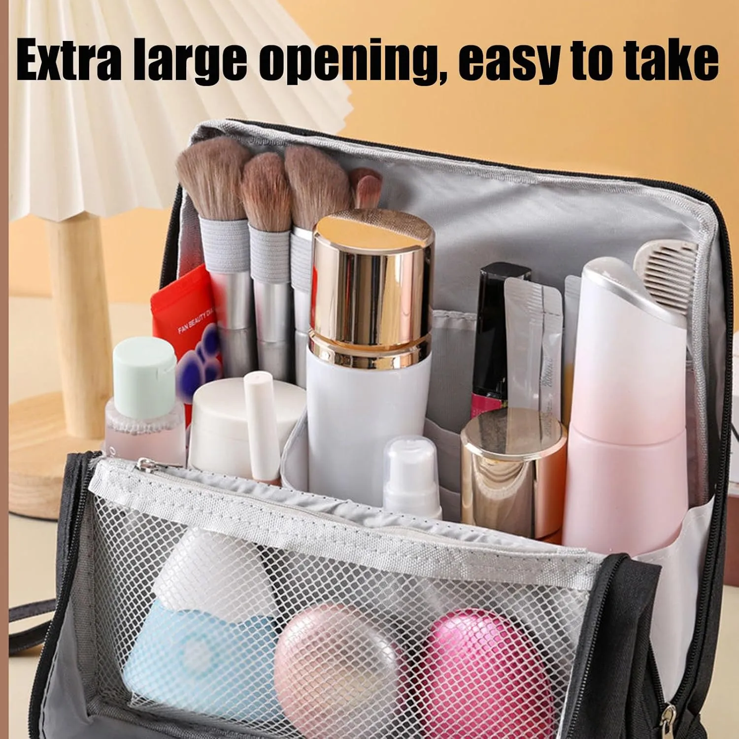 Makeup Bag, Standing Makeup Bag – Portable, Large Capacity Waterproof Makeup Organizer with Compartments Travel Home Use (Navy)