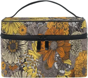 Makeup Train Case Retro Vintage Sunflower Korean Carrying Portable Zip Travel Cosmetic Brush Bag Organizer Large for Girls Women