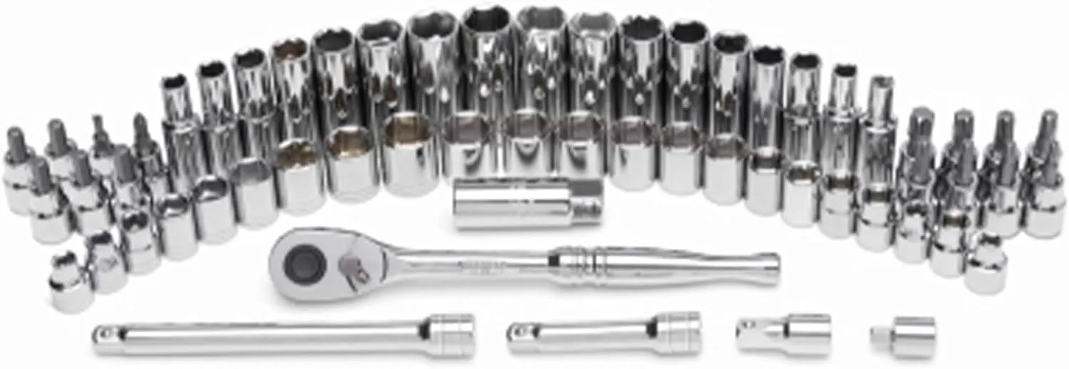 Master Mechanics 60 Piece Mechanics SAE Drive Socket Tool Set, 3/8 Inch Drive Ratchet with Standard, Deep, and Bit Socket Multi-Use Accessory Kit