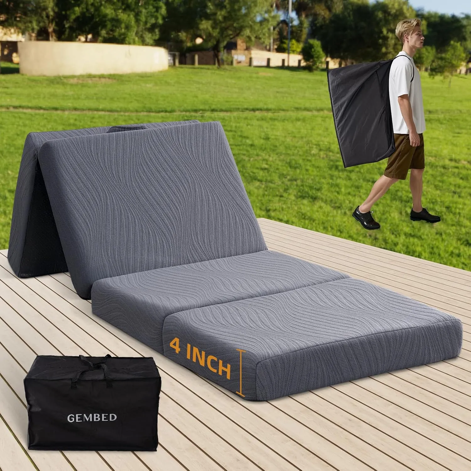 Memory Foam Camping Mattress Pad, 4 Inch Thick Waterproof Foldable Sofa Bed Floor Mattress, Portable Sleeping Pad for Adult, Sleeping Mat for Travel RV Camping Guest Yoga