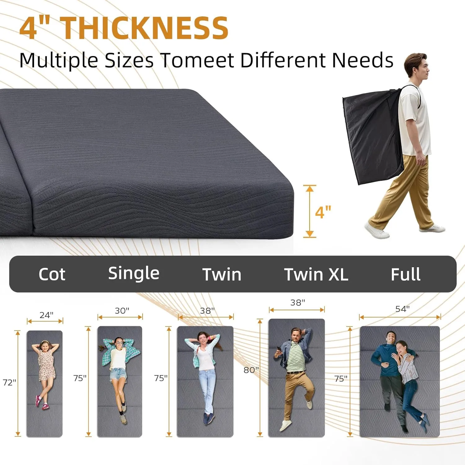 Memory Foam Camping Mattress Pad, 4 Inch Thick Waterproof Foldable Sofa Bed Floor Mattress, Portable Sleeping Pad for Adult, Sleeping Mat for Travel RV Camping Guest Yoga