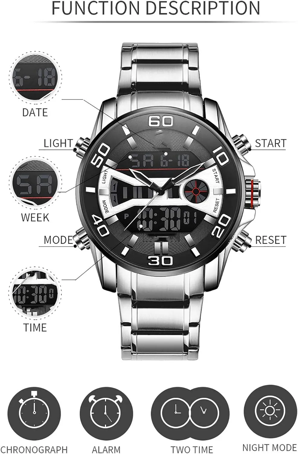 Men Business Chronograph Wristwatch, Large Dial Waterproof Steel Band Watch,Multi-Function Outdoor Sports for Men Dress Watches C