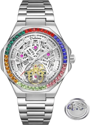 Men's Automatic Watch Hollowed Out Rainbow Diamond Mechanical Watches Steel Strip Waterproof Wrist Watch Men 42mm