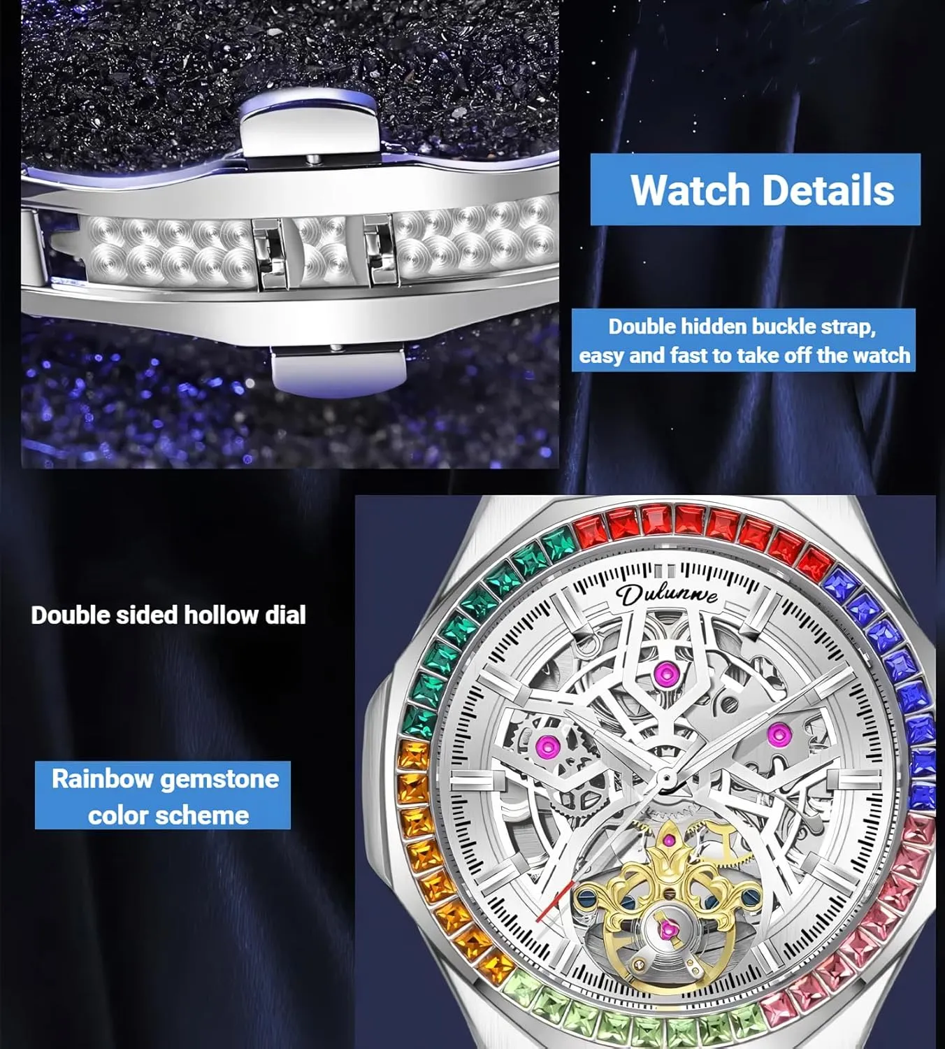 Men's Automatic Watch Hollowed Out Rainbow Diamond Mechanical Watches Steel Strip Waterproof Wrist Watch Men 42mm