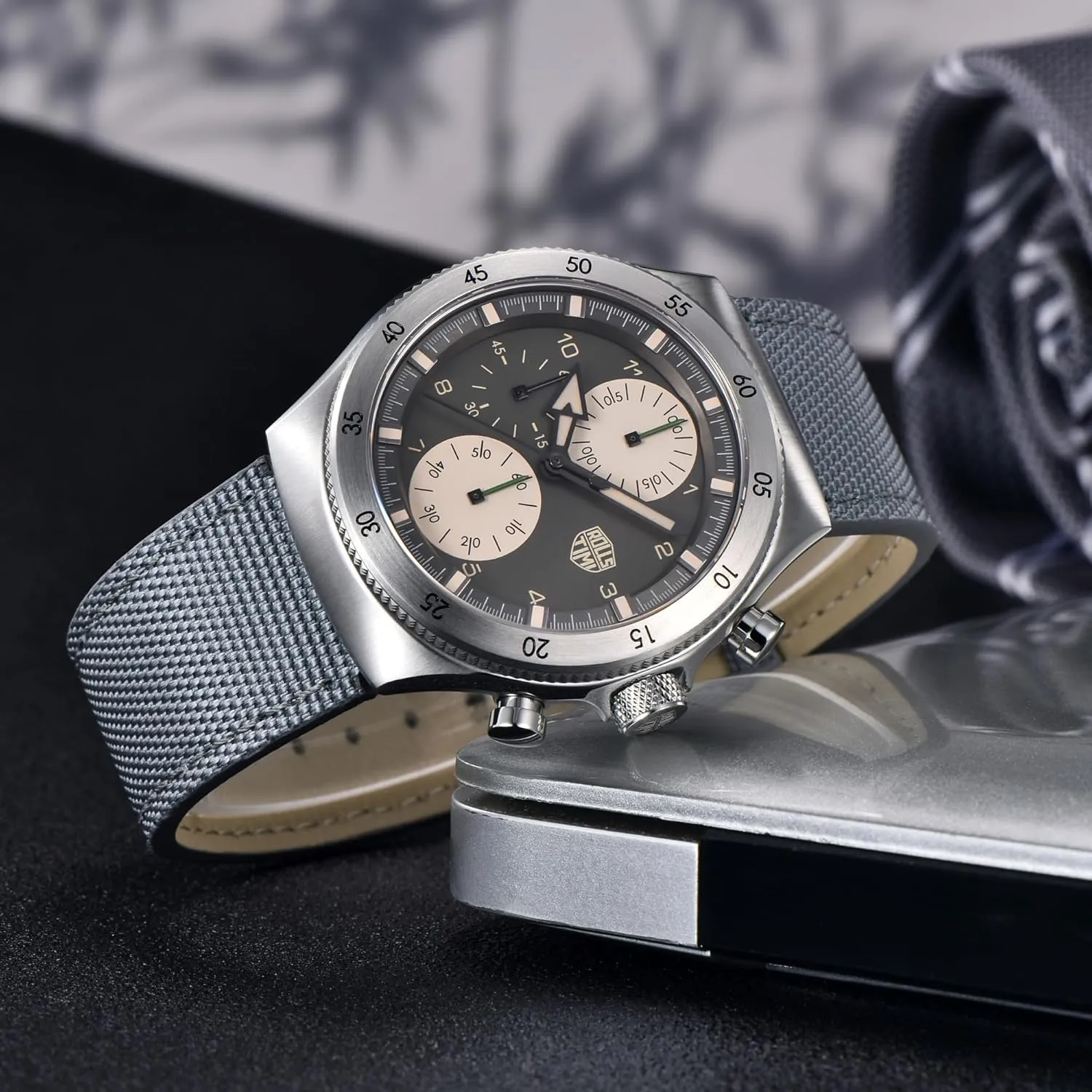 Men's Chronograph Watch 316L Stainless Steel Quartz Movement Analog Gift Wrist Watch for Men Sapphire Glass 50M Waterproof Nylon-Leather Watch Band