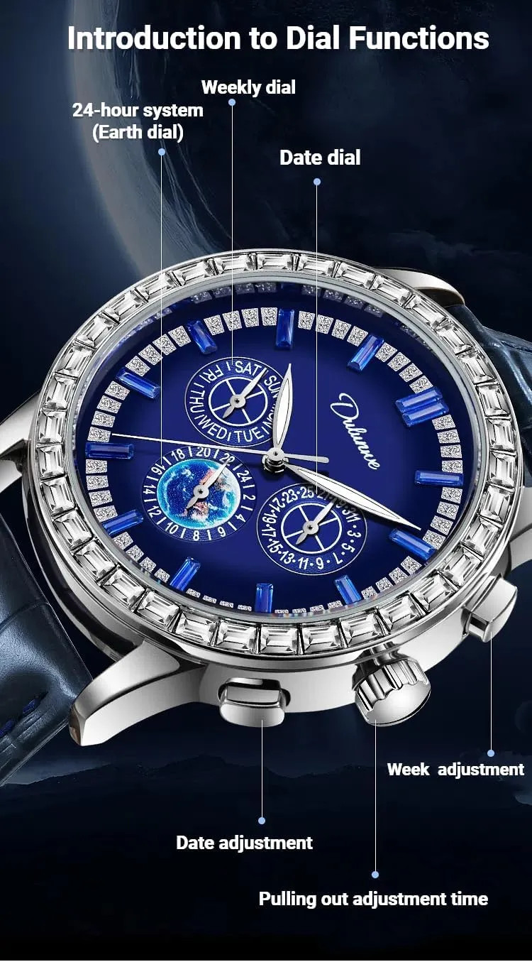 Men's Watch Diamond Automatic Mechanical Watches Big Dial Leather Self-Winding Luminous Waterproof Date Watches