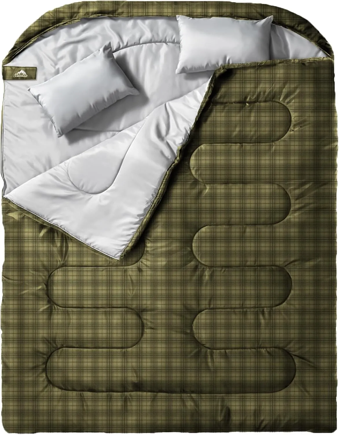 MEREZA Double Sleeping Bag for Adults Mens with Pillow, XL Queen Size Two Person Sleeping Bag for All Season Camping Hiking Backpacking 2 Person Sleeping Bags for Cold Weather & Warm Plaid