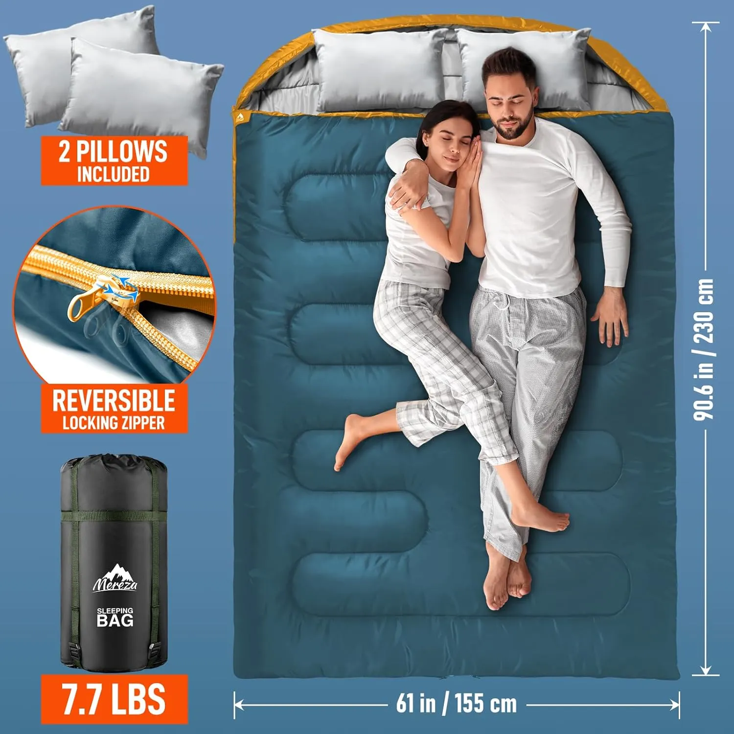 MEREZA Double Sleeping Bag for Adults Mens with Pillow, XL Queen Size Two Person Sleeping Bag for All Season Camping Hiking Backpacking 2 Person Sleeping Bags for Cold Weather & Warm