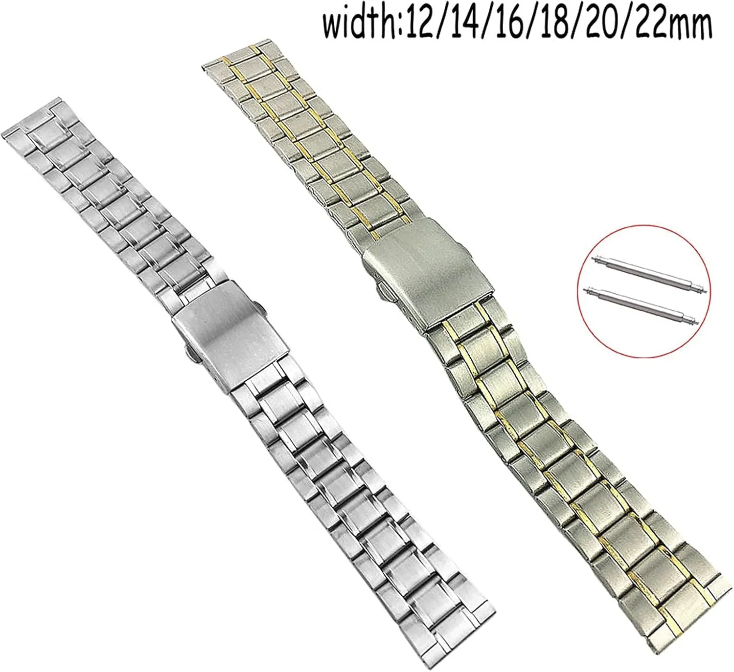 Metal Stainless Steel Replacement Strap Watch Band Flat Buckle Wrist Silver Gold, Bracelet, 12 14 16 18 20 22mm Bracelet