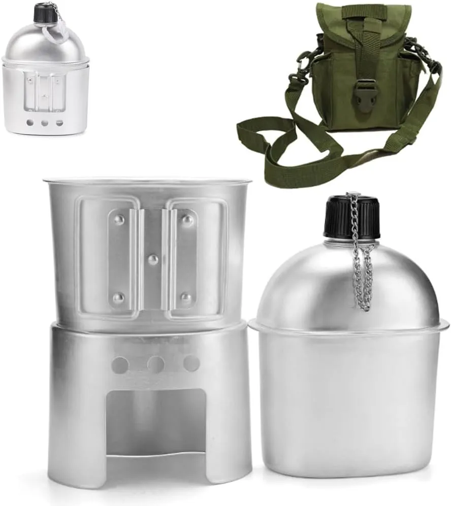 Military Canteen Set of 4, Canteen Cup Stove Pouch Kit, Portable Aluminum Cookware Kit for Outdoor Survival Camping Hiking Backpacking Hunting