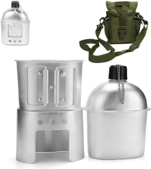 Military Canteen Set of 4, Canteen Cup Stove Pouch Kit, Portable Aluminum Cookware Kit for Outdoor Survival Camping Hiking Backpacking Hunting