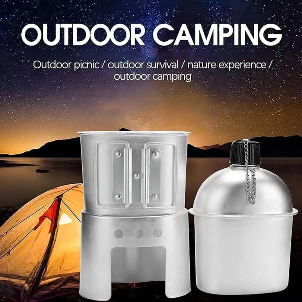 Military Canteen Set of 4, Canteen Cup Stove Pouch Kit, Portable Aluminum Cookware Kit for Outdoor Survival Camping Hiking Backpacking Hunting
