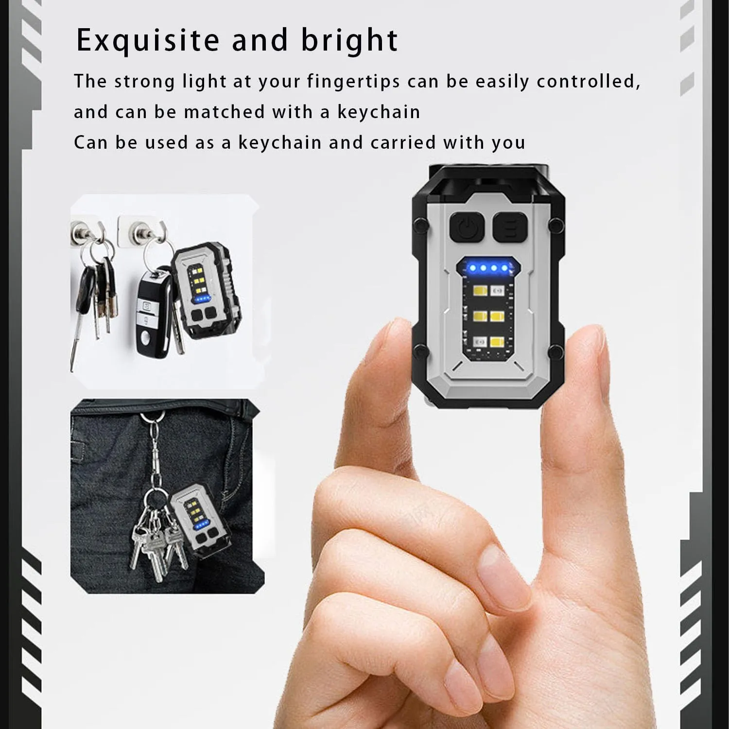 Mini Powerful Flashlight, 8 Modes Pocket Flash Light, Mini Keychain Flashlight with Clip, with COB Sidelight, Type-C Rechargeable for Hiking, Camping, Emergency (Black-A)