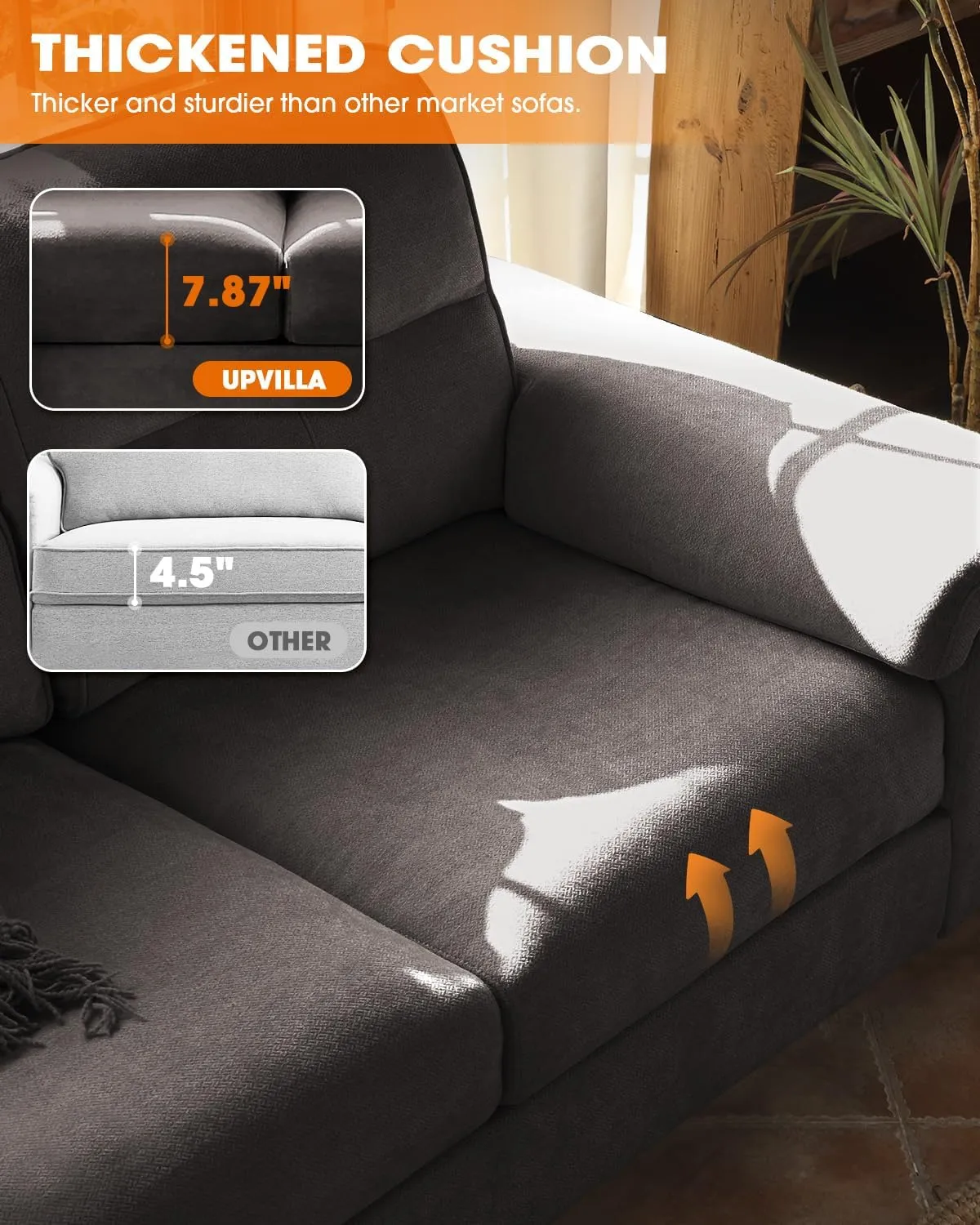 Modern 88.97" Loveseat Couch for Living Room, Comfy 2-Seater Chenille Sofa with Deep 8" Cushion, Convertible Armrest, Removable Cover, High Leg (Dark Gray)
