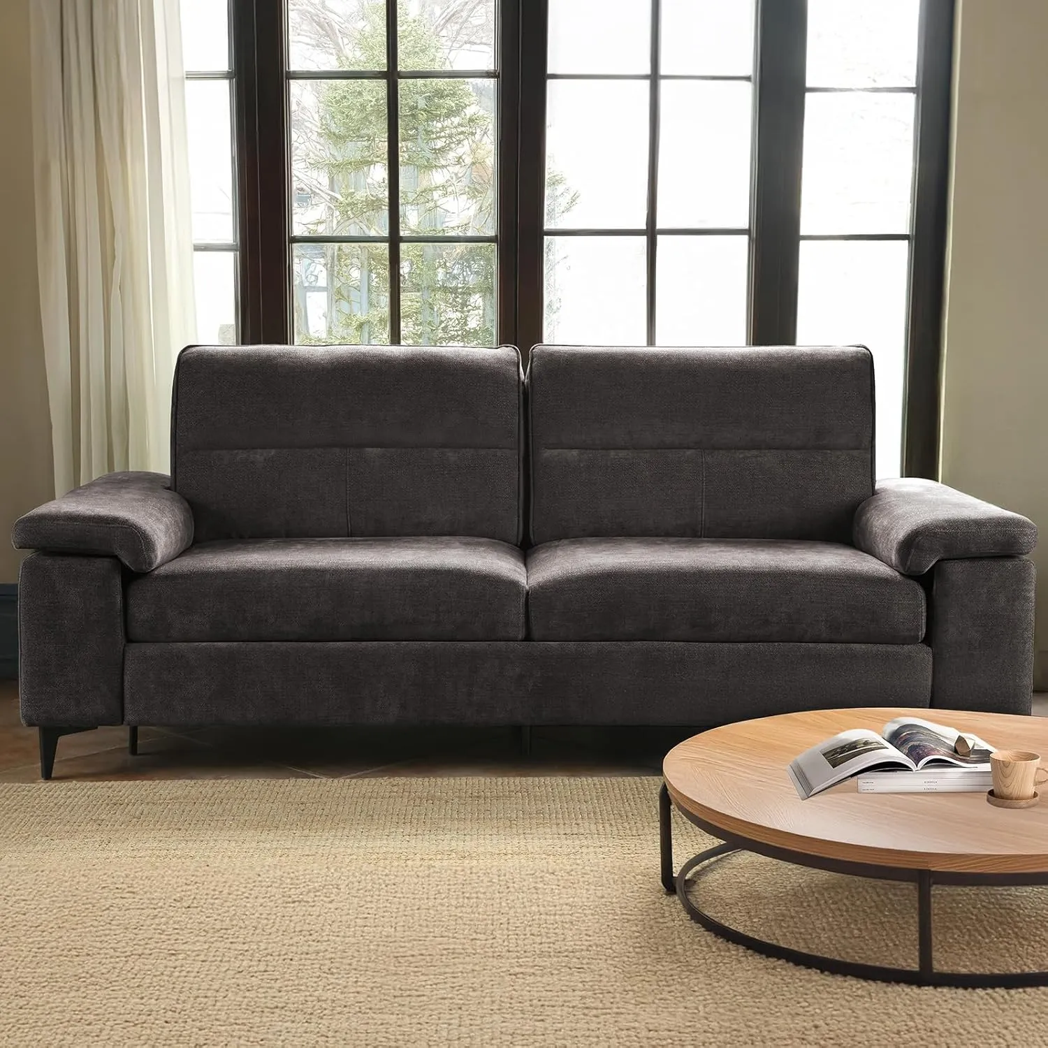 Modern 88.97" Loveseat Couch for Living Room, Comfy 2-Seater Chenille Sofa with Deep 8" Cushion, Convertible Armrest, Removable Cover, High Leg (Dark Gray)