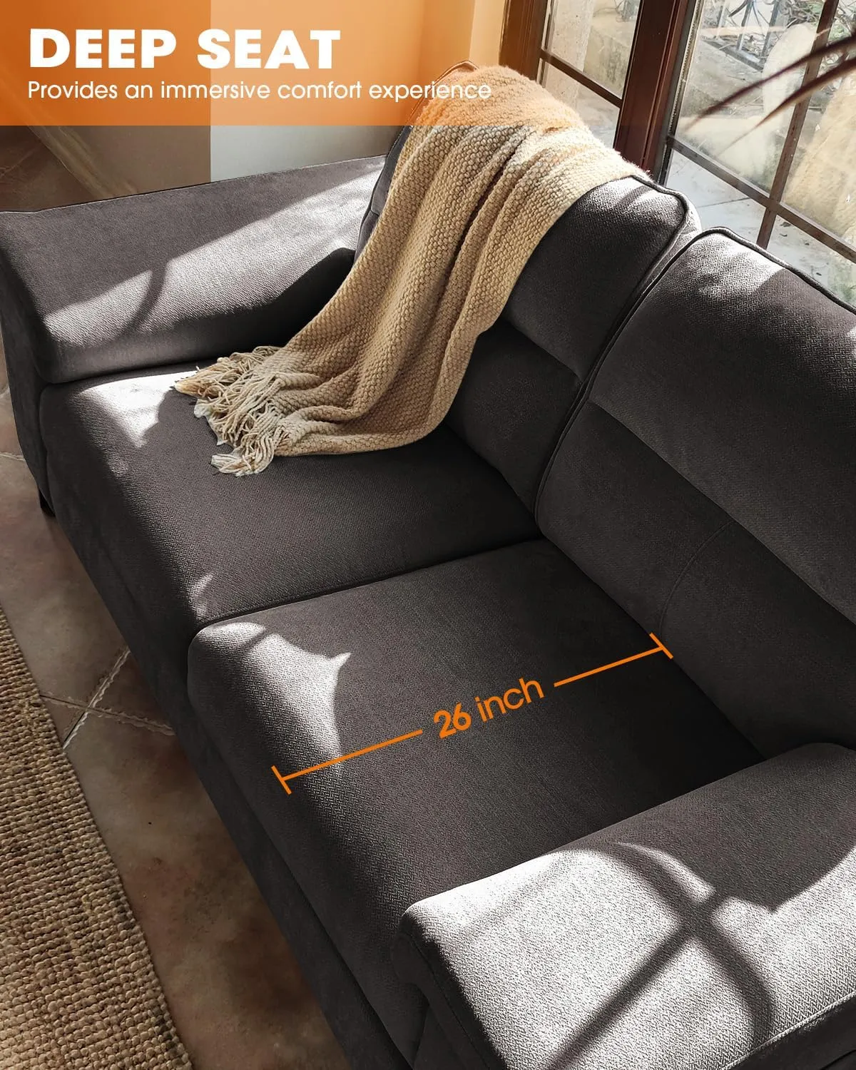 Modern 88.97" Loveseat Couch for Living Room, Comfy 2-Seater Chenille Sofa with Deep 8" Cushion, Convertible Armrest, Removable Cover, High Leg (Dark Gray)