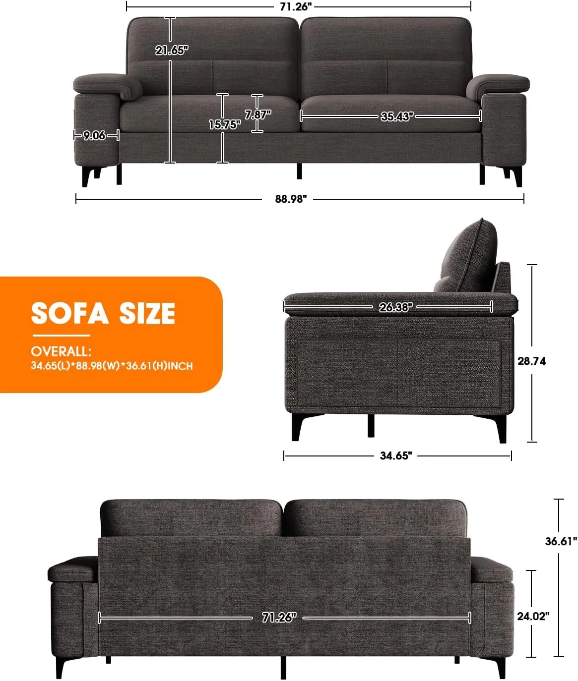Modern 88.97" Loveseat Couch for Living Room, Comfy 2-Seater Chenille Sofa with Deep 8" Cushion, Convertible Armrest, Removable Cover, High Leg (Dark Gray)