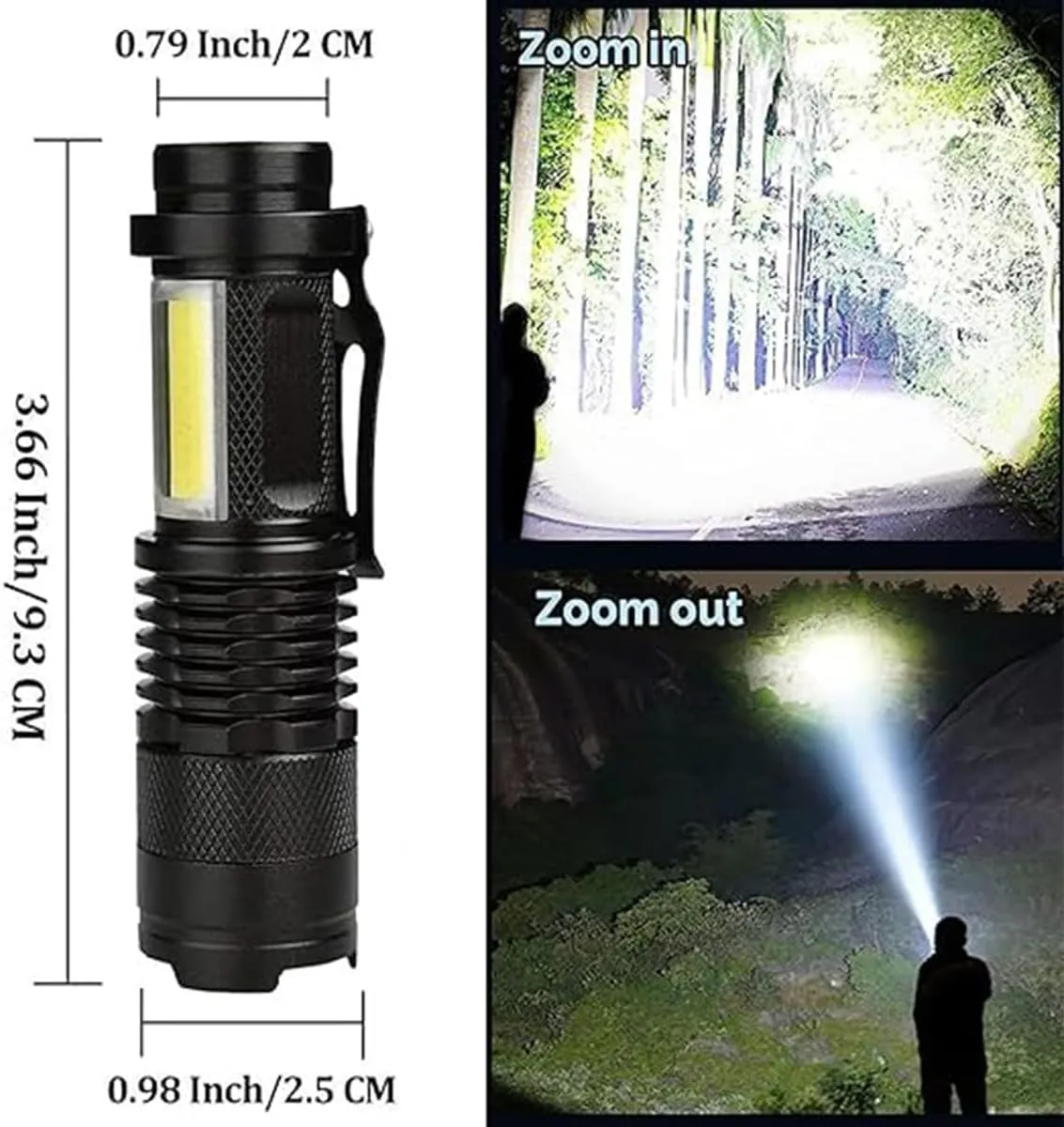 MODOAO 3 Modes COB Flashlight Super Bright Flashlight Zoomable High Lumen Hand Light with Pen Clip for Running Hiking Camping Emergency (1 Pack)