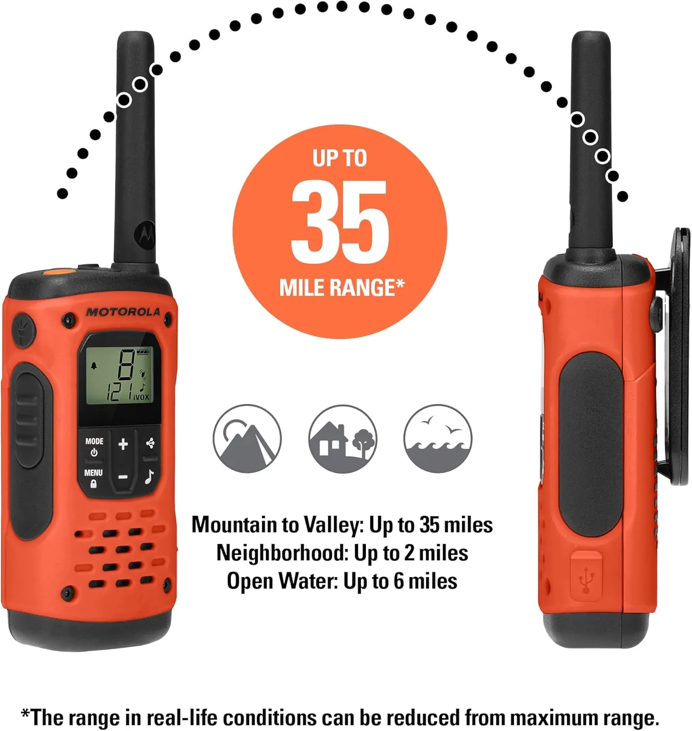 Motorola Solutions, Portable FRS, T605_H2O, Talkabout, Two-Way Radios Walkie Talkie Emergency Preparedness, Rechargeable, 22 Channel, 35 Mile, Orange W/Black, 2 Pack