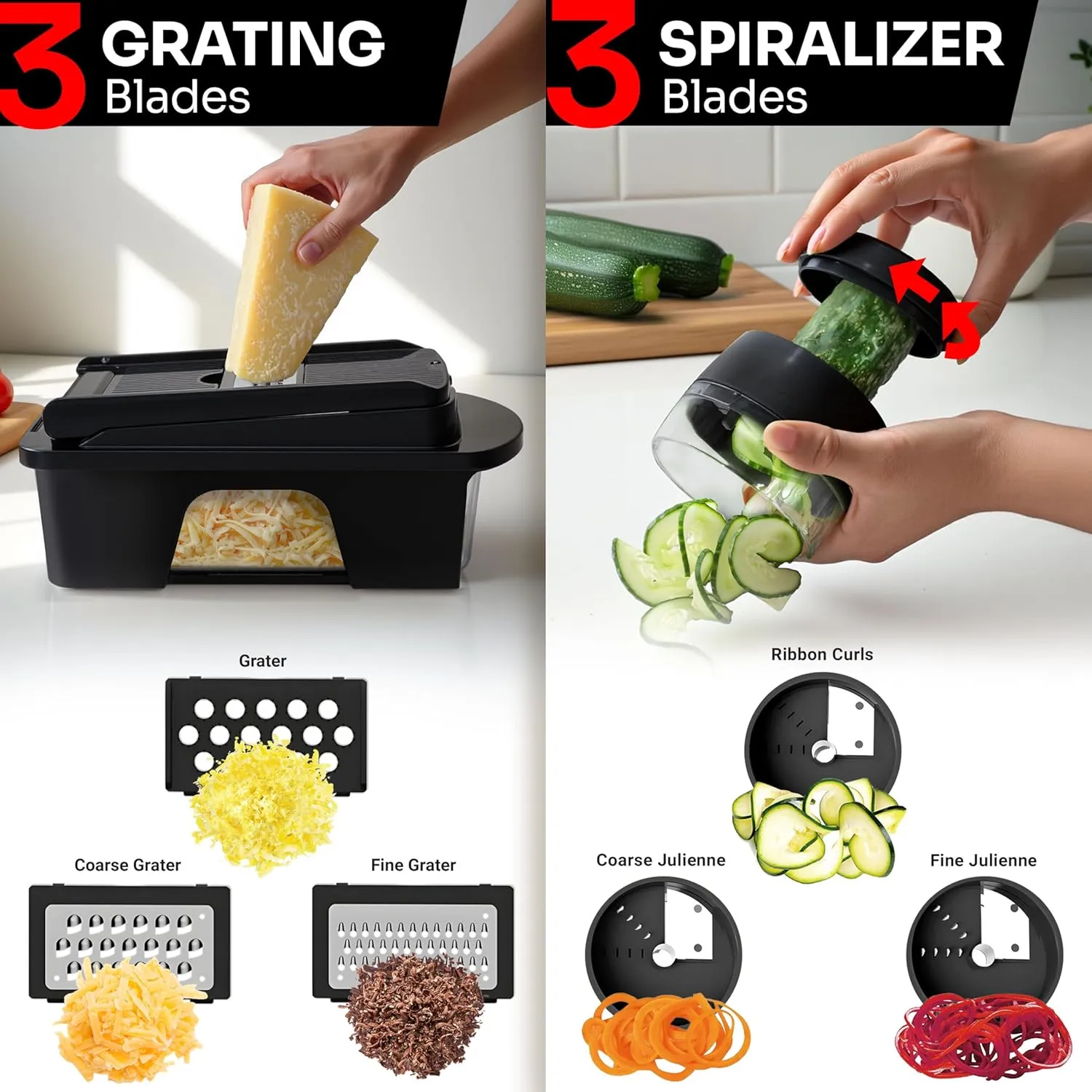 Mueller ULTIMATE 12 Blade Vegetable Chopper, Mandoline Slicer and Spiralizer, Dicer, Grater, Kitchen Essentials & Accessories, Black