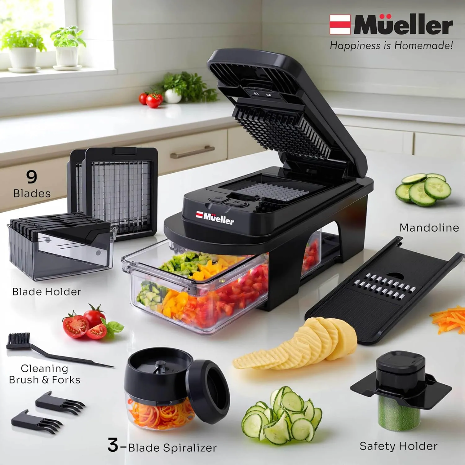 Mueller ULTIMATE 12 Blade Vegetable Chopper, Mandoline Slicer and Spiralizer, Dicer, Grater, Kitchen Essentials & Accessories, Black