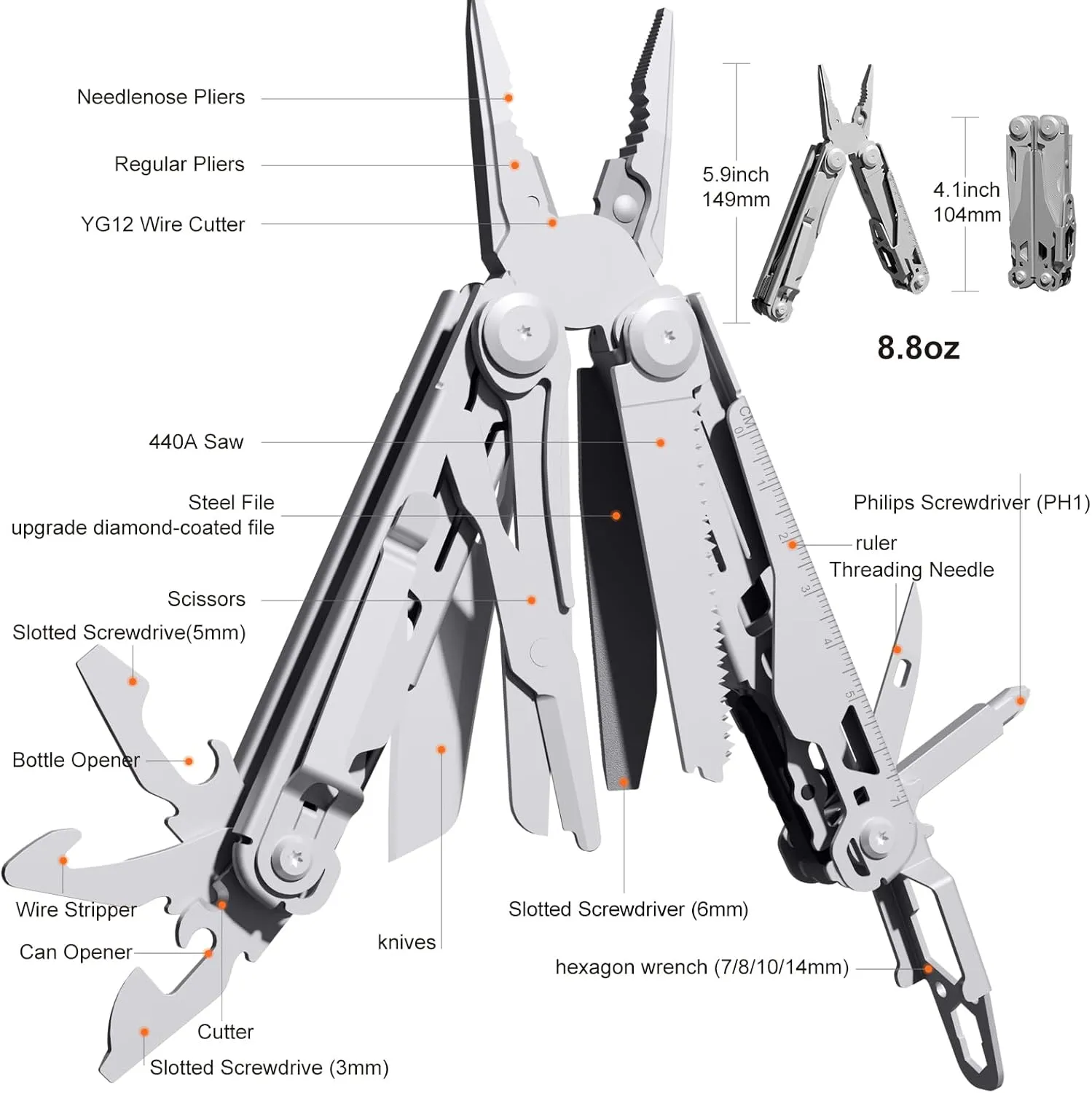 Multitool Stainless Steel Multi-Tool Pliers 22-in-1 with Safety Locking, Pocket Knife, Bottle Opener, EDC Equipment With Pocket Clip for Survival, Camping, Hunting and Hiking.
