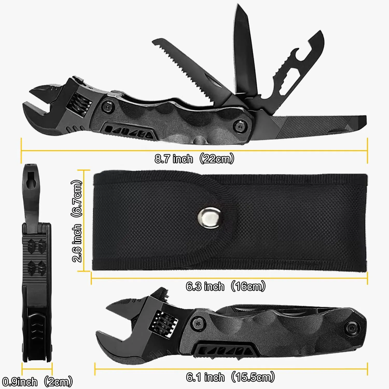 Multitool Wrench, Adjustable Wrench with Flathead Phillips Screwdriver, Nail File, Bottle Can Opener, Screwdriver reservoir, Multifunctional Purpose Stainless Steel Tool (black)