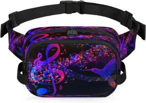 Music Note Pattern Waterproof Fanny Pack for Women Men Adjustable Waist Bag with Double Zipper Pockets Lightweight Square Hip Pack for Running Travel Hiking Workout Cycling