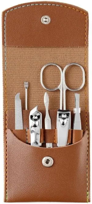 Nail Clipper Set 7 Piece Scissors Nail File Nail Clipper Forceps Foldable Portable and Nail Repair and Enhancement Tool,Brown