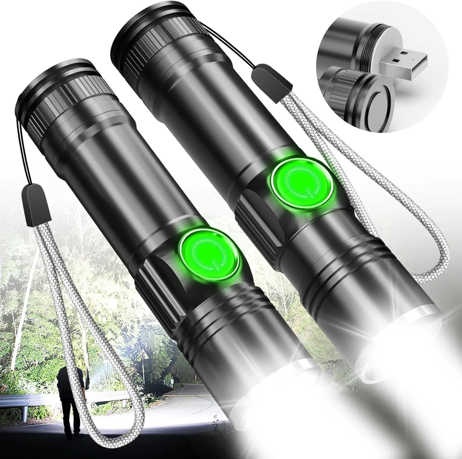 NAKCNM Flashlight Rechargeable Super Bright LED Pocket Flashlights with USB Charging Port EDC Flash Light for Home Camping Emergency(2 Pack)