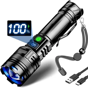 NAKCNM LED Flashlights High Lumens, Rechargeable Flashlight High Lumen Super Bright with Clip&Digital Display Powerful Handheld LED Flash Light for Home Hiking