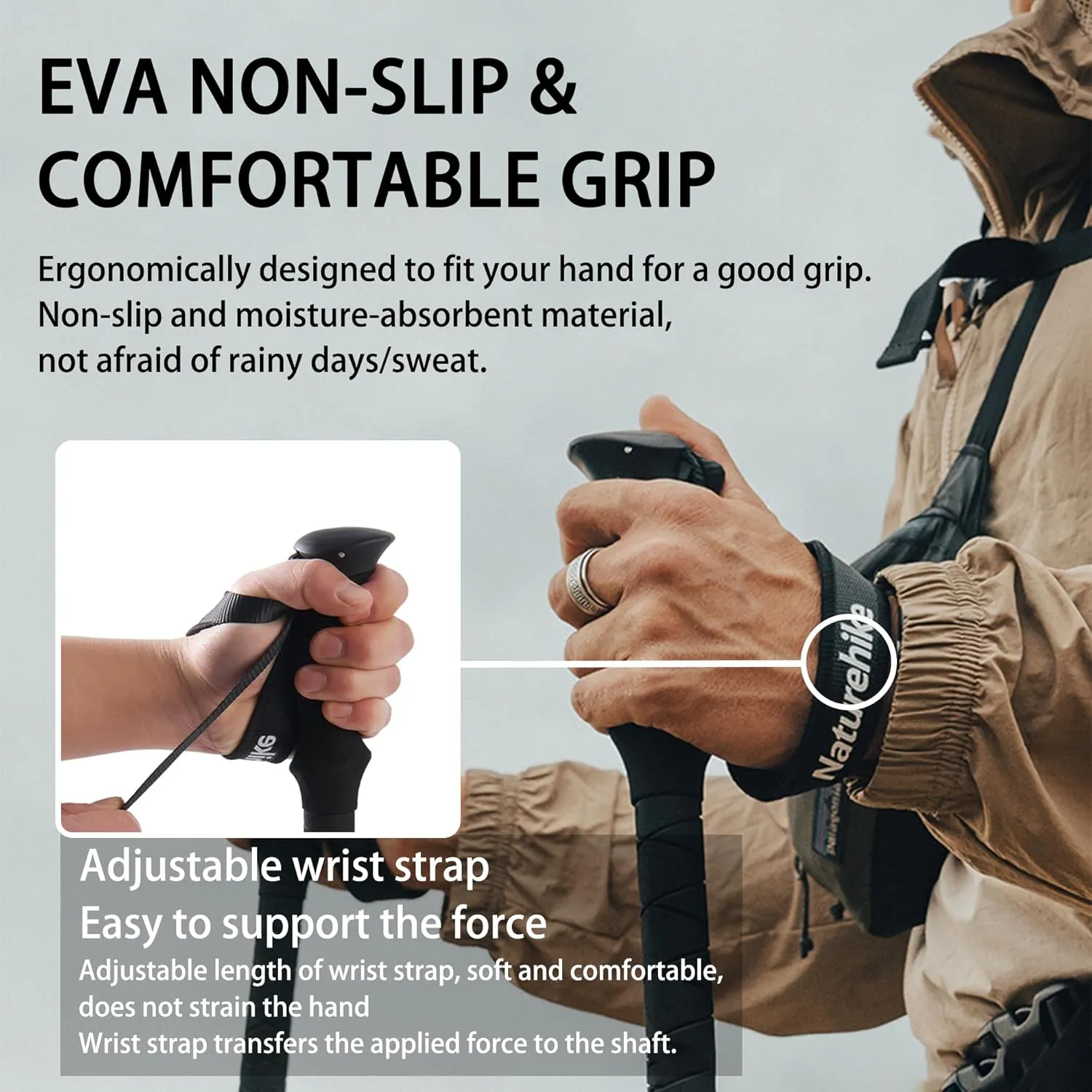 Naturehike 1Piece 7075 Aluminum Trekking Pole, Retractable Lightweight Hiking Pole with Wristbands and EVA Grips, Trekking Pole for Mountaining, Backpacking, Walking, Trekking
