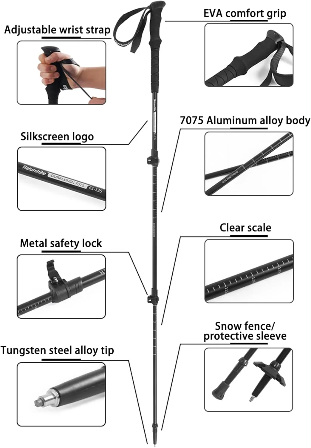 Naturehike 1Piece 7075 Aluminum Trekking Pole, Retractable Lightweight Hiking Pole with Wristbands and EVA Grips, Trekking Pole for Mountaining, Backpacking, Walking, Trekking
