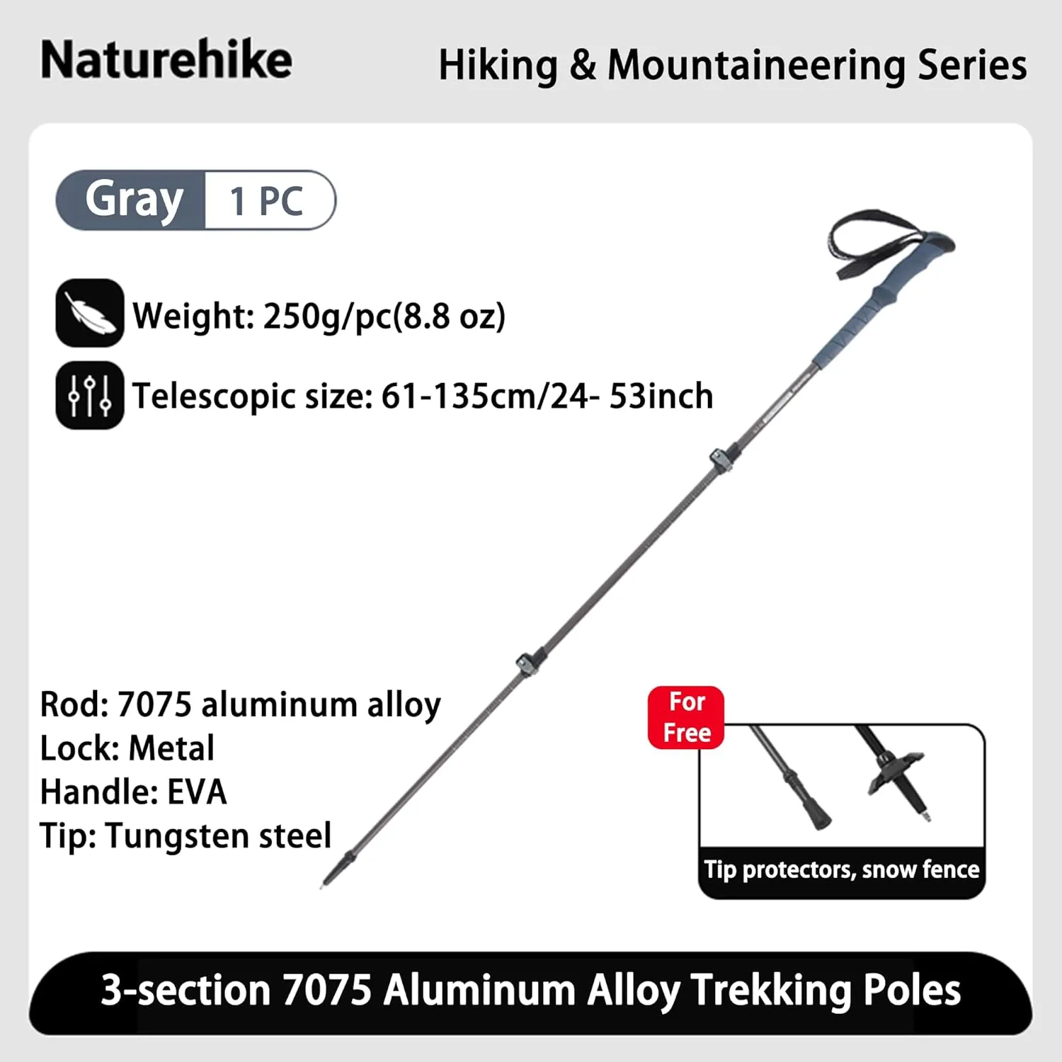 Naturehike 1Piece 7075 Aluminum Trekking Pole, Retractable Lightweight Hiking Pole with Wristbands and EVA Grips, Trekking Pole for Mountaining, Backpacking, Walking, Trekking