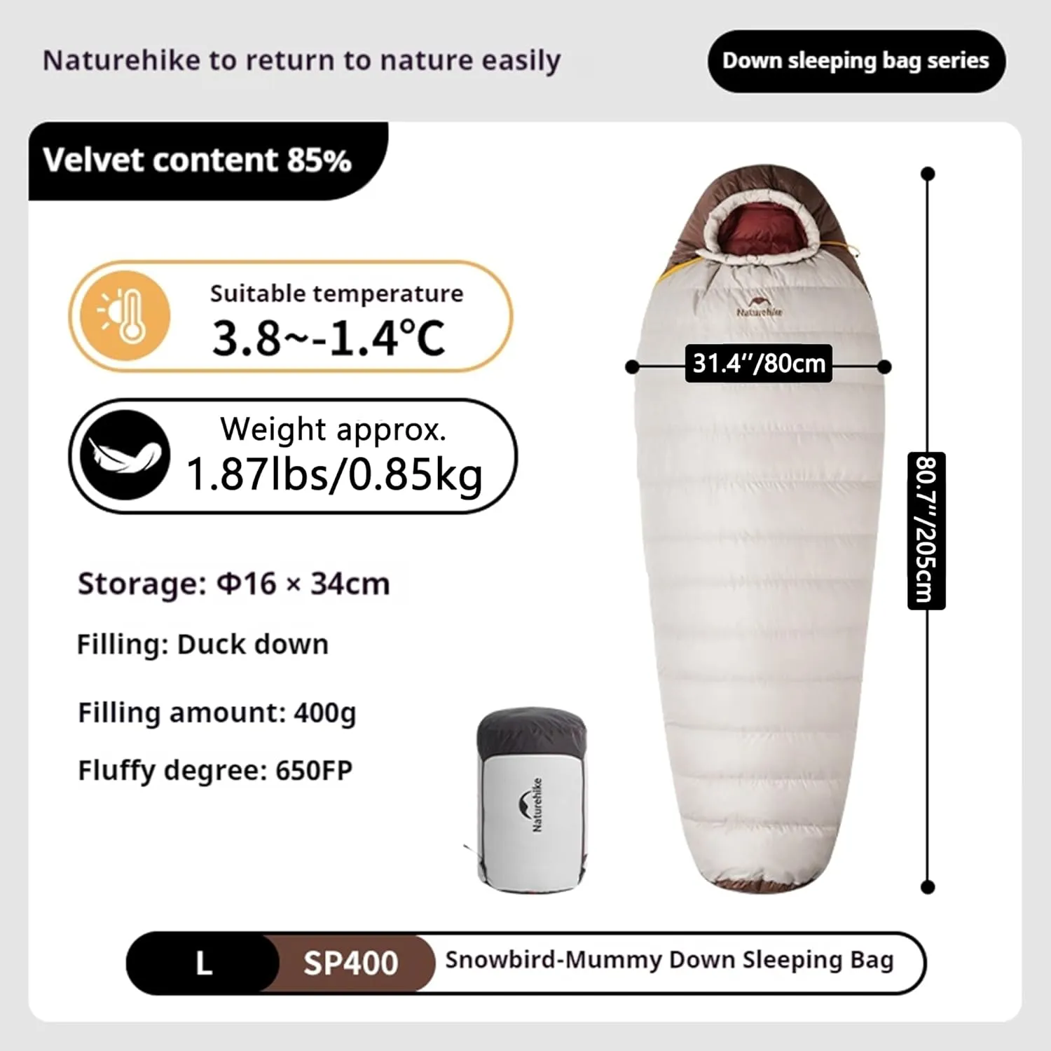 Naturehike Ultralight 650FP Duck Down Mummy Sleeping Bag-Suitable 38.8~-42.1℉, 20D Nylon Waterproof Sleeping Bag with Compact Compression Bag for Camping, Backpacking, Hiking