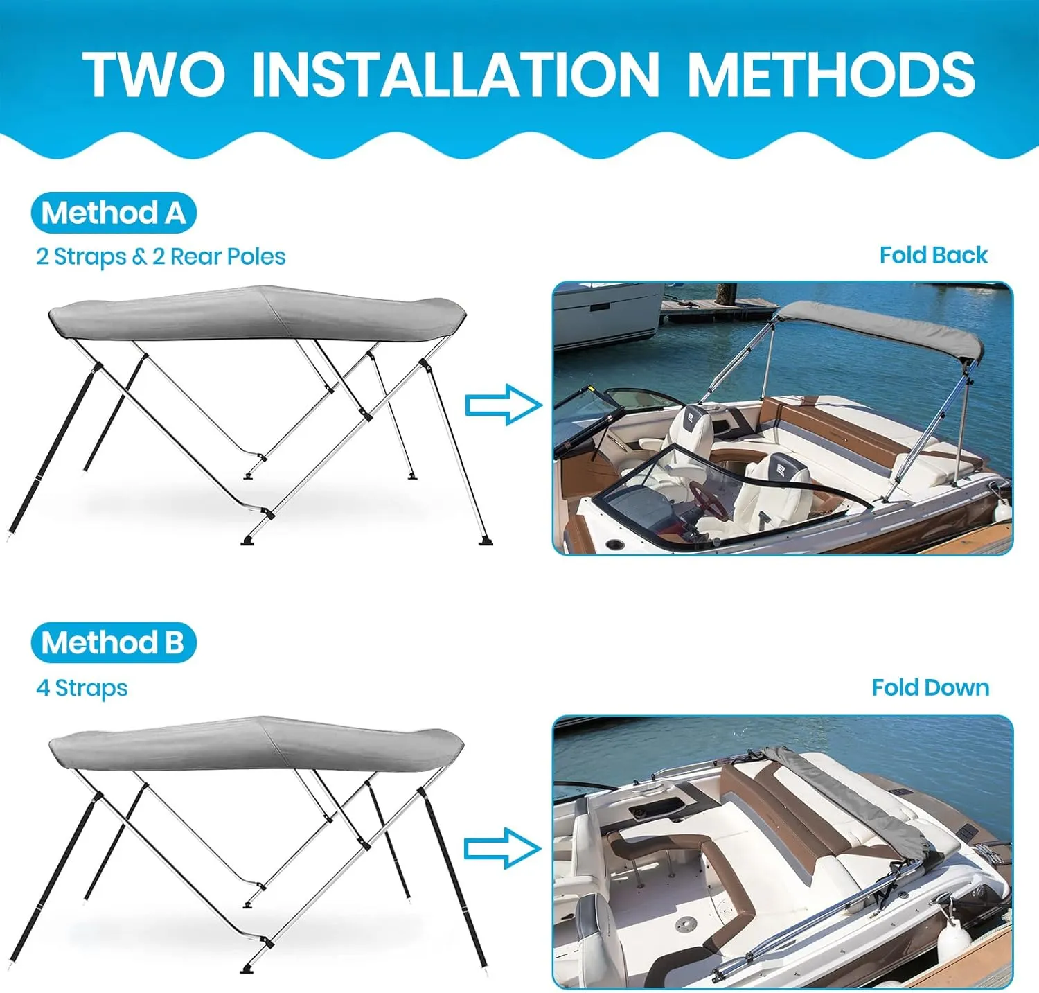 Naviskin 10 Optional Colors Available 3-4 Bow 13 Different Size Bimini Top Cover Includes Mounting Hardwares,Storage Boot with 1 Inch Aluminum Frame