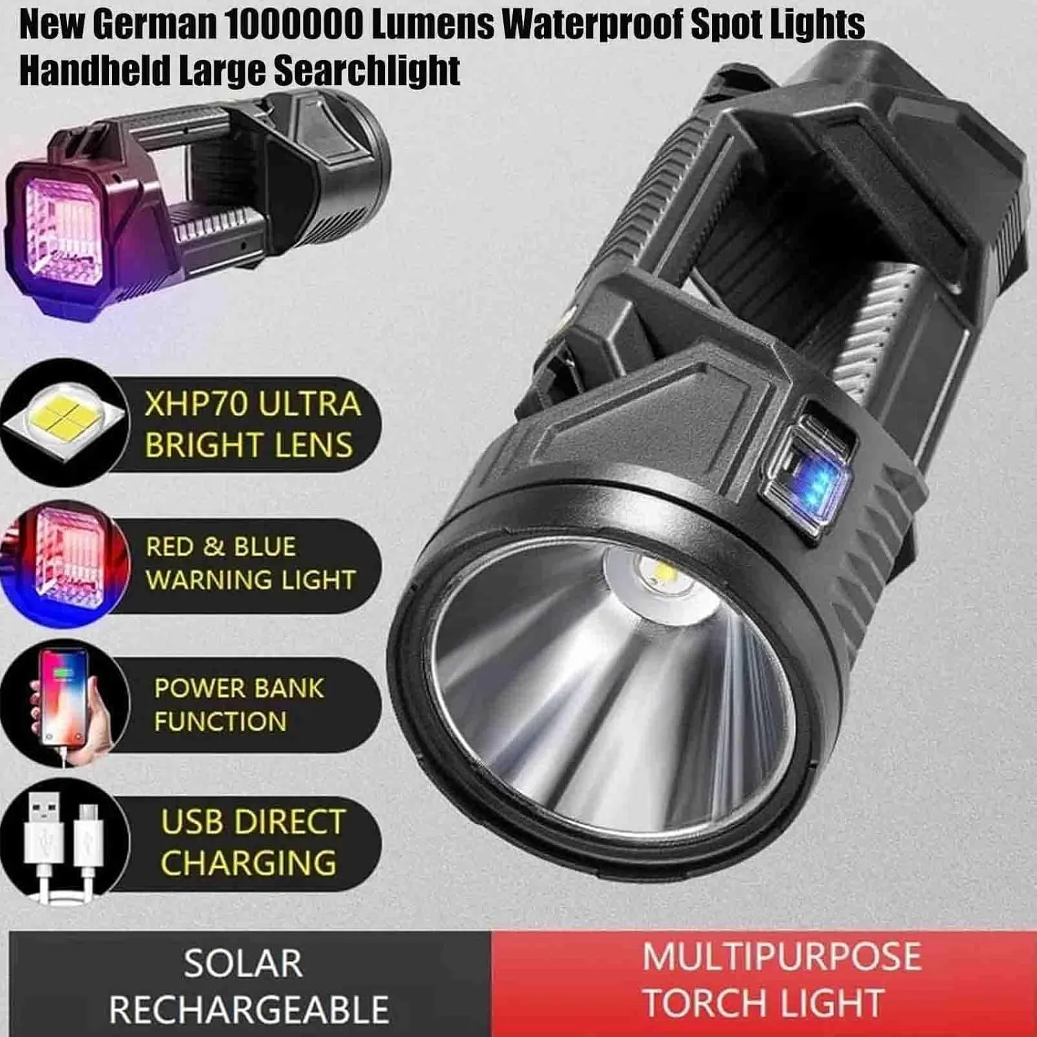 New German 1000000 Lumens Waterproof Spot Lights Handheld Large Searchlight, Solar Spotlight Flashlight Rechargeable Outdoor Handheld Portable LED Sportlight Searchlight (Medium)
