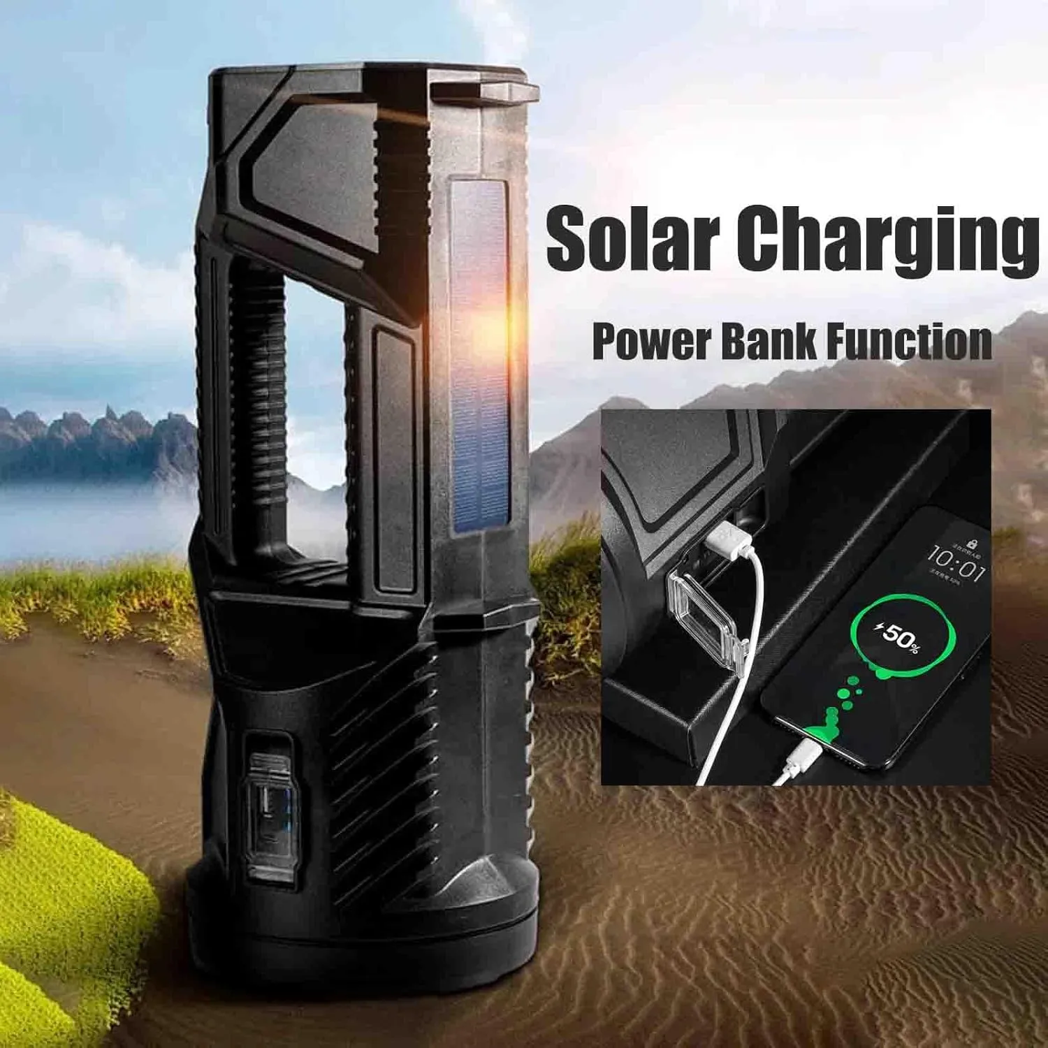 New German 1000000 Lumens Waterproof Spot Lights Handheld Large Searchlight, Solar Spotlight Flashlight Rechargeable Outdoor Handheld Portable LED Sportlight Searchlight (Medium)
