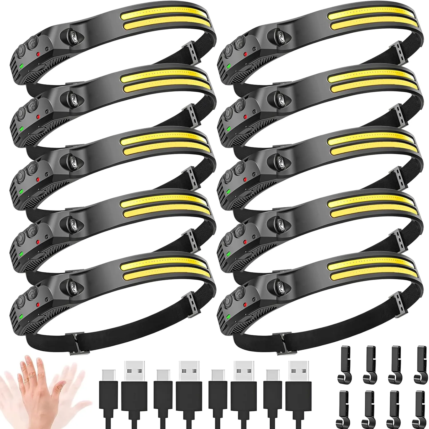 New LED Headlamp Rechargeable, 230° COB Super Bright Head Lights for Forehead, 6Mode Hard Hat Light for Adults, USB C Headband Flashlight for Work, Hiking, Running, Camping (10Pack)